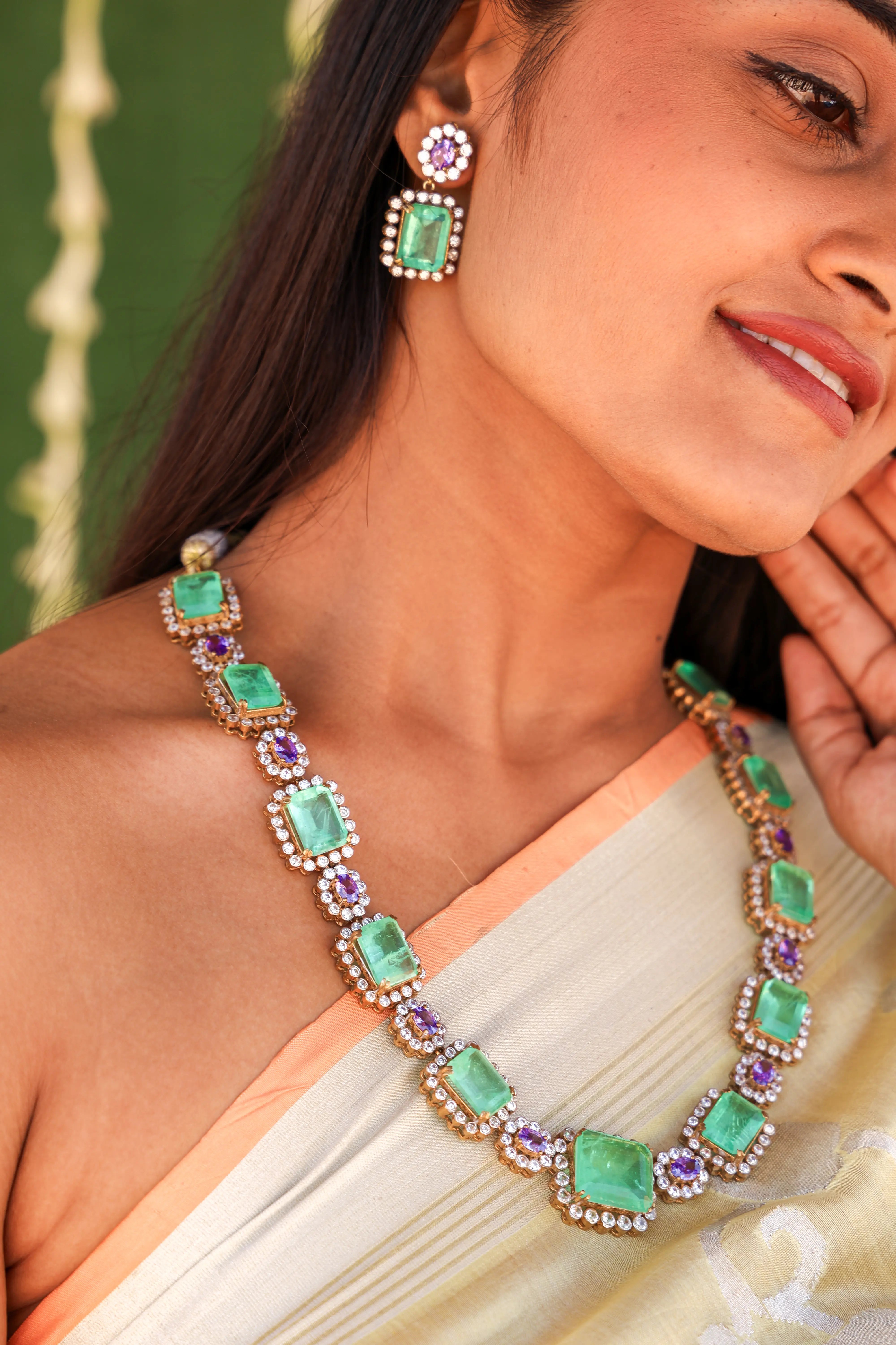 Aarohi – Emerald & Amethyst Statement Earrings
