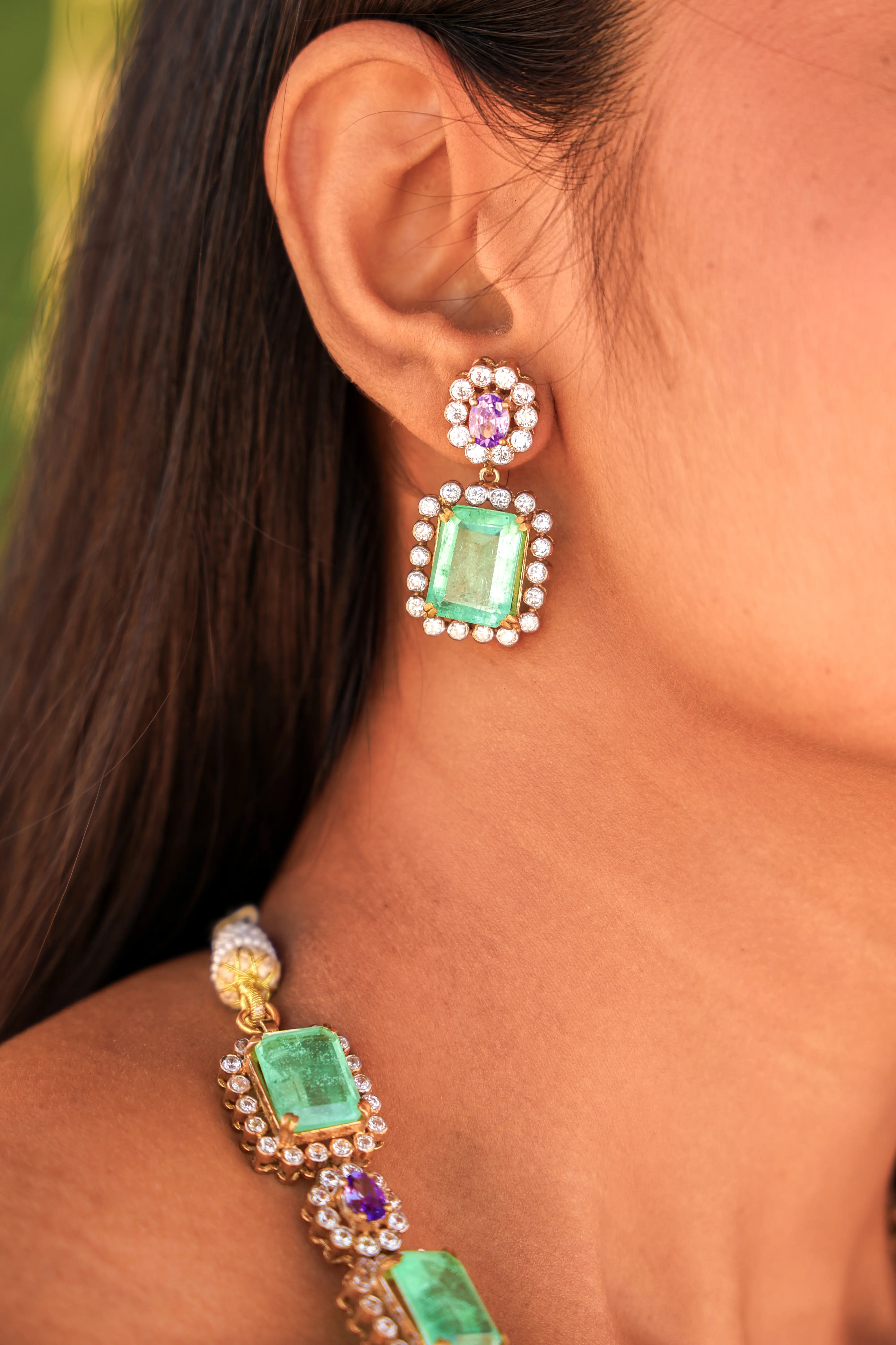 Aarohi – Emerald & Amethyst Statement Earrings