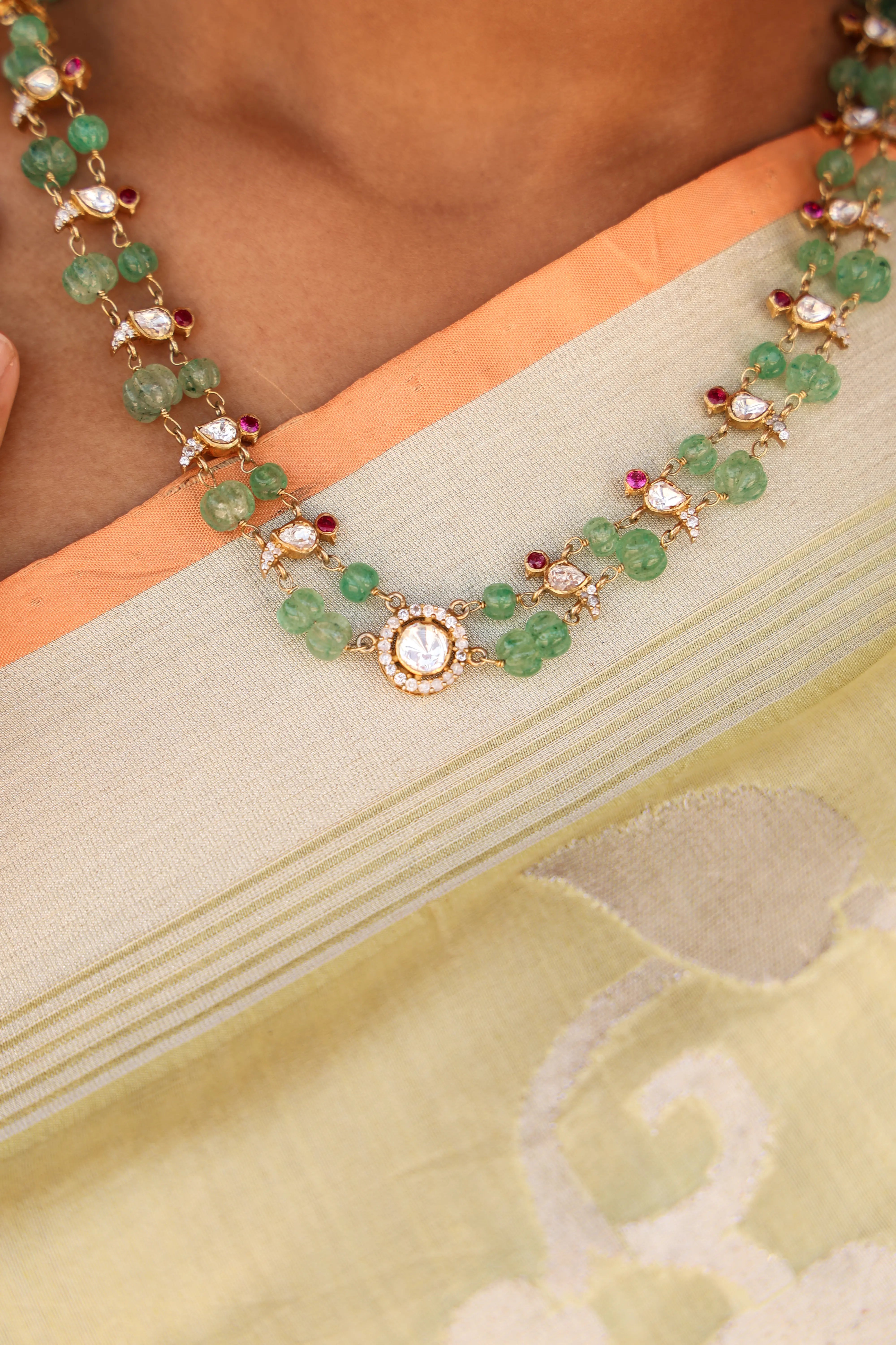Aadhya Emerald Beaded Kundan Necklace