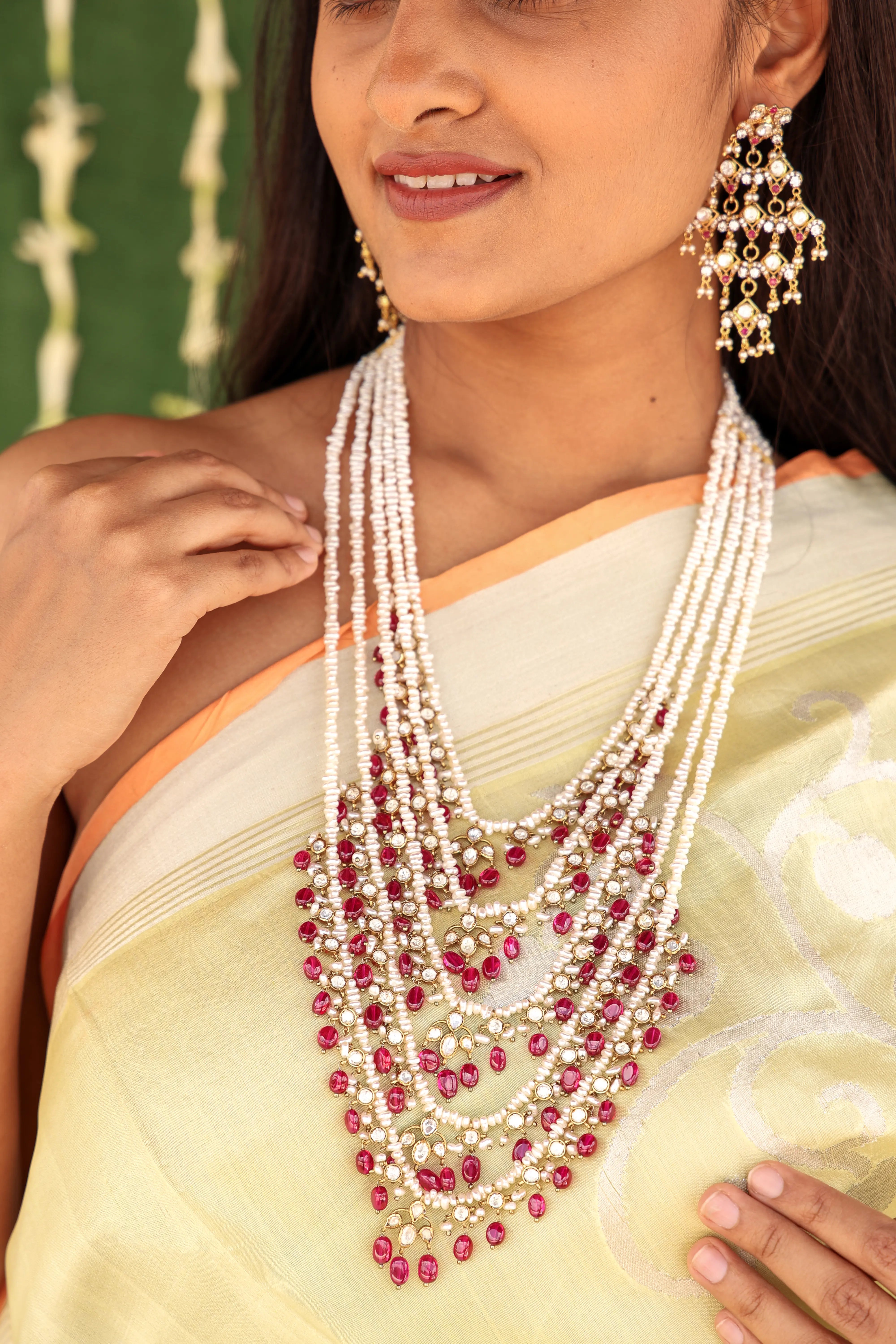 Meher - Pearl & Ruby Bridal Earrings