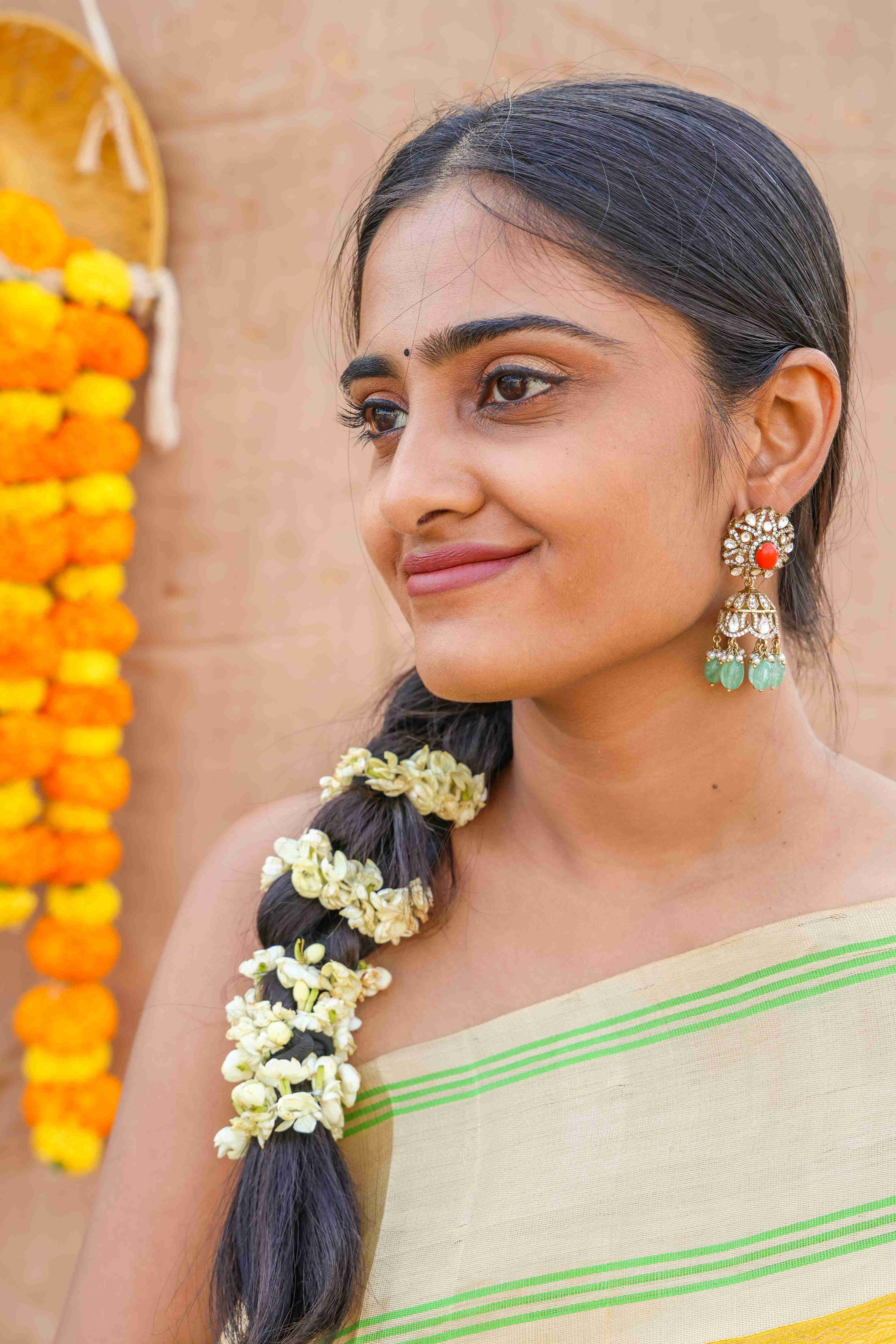 Regal Coral and Emerald Chandbali Earrings