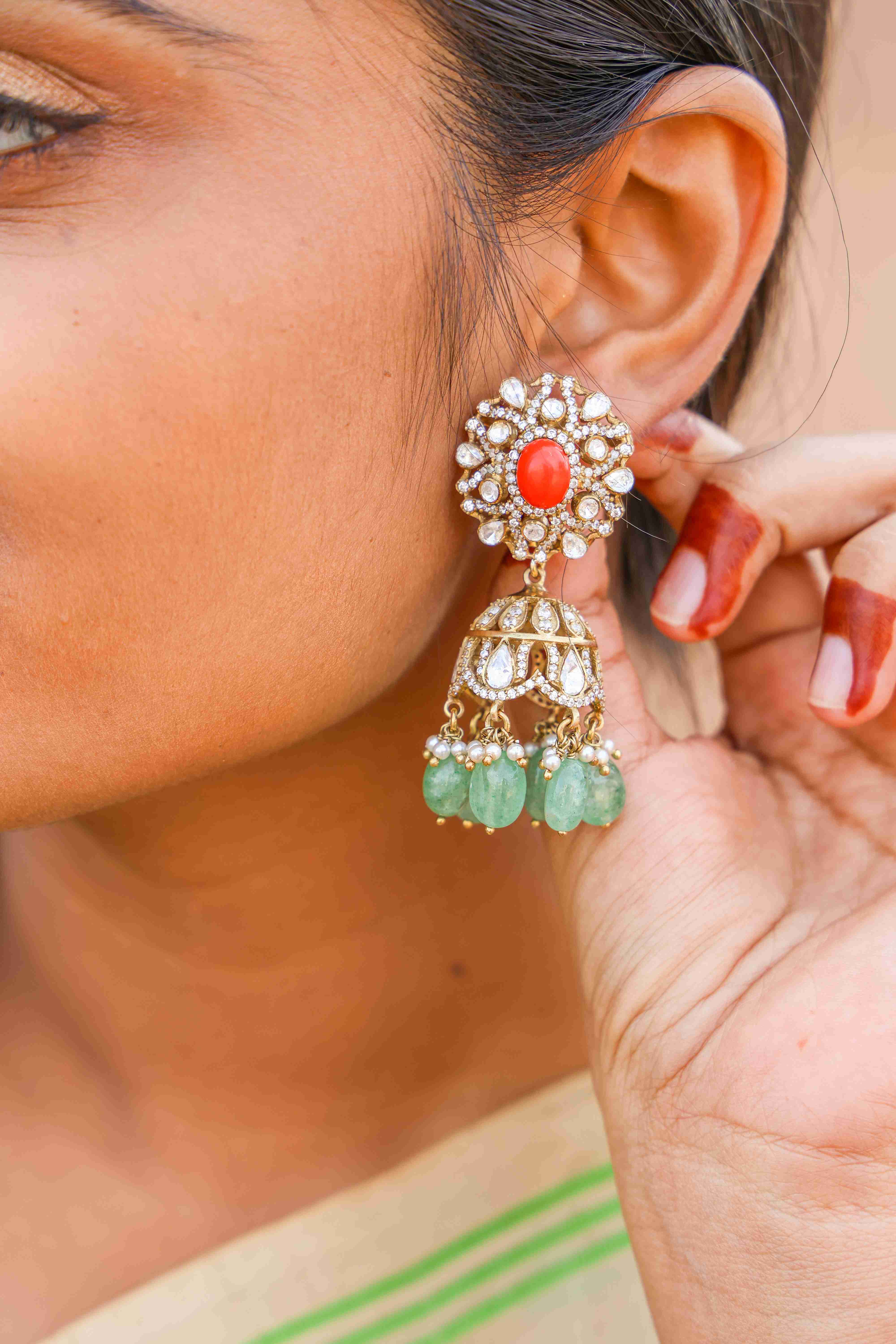 Regal Coral and Emerald Chandbali Earrings