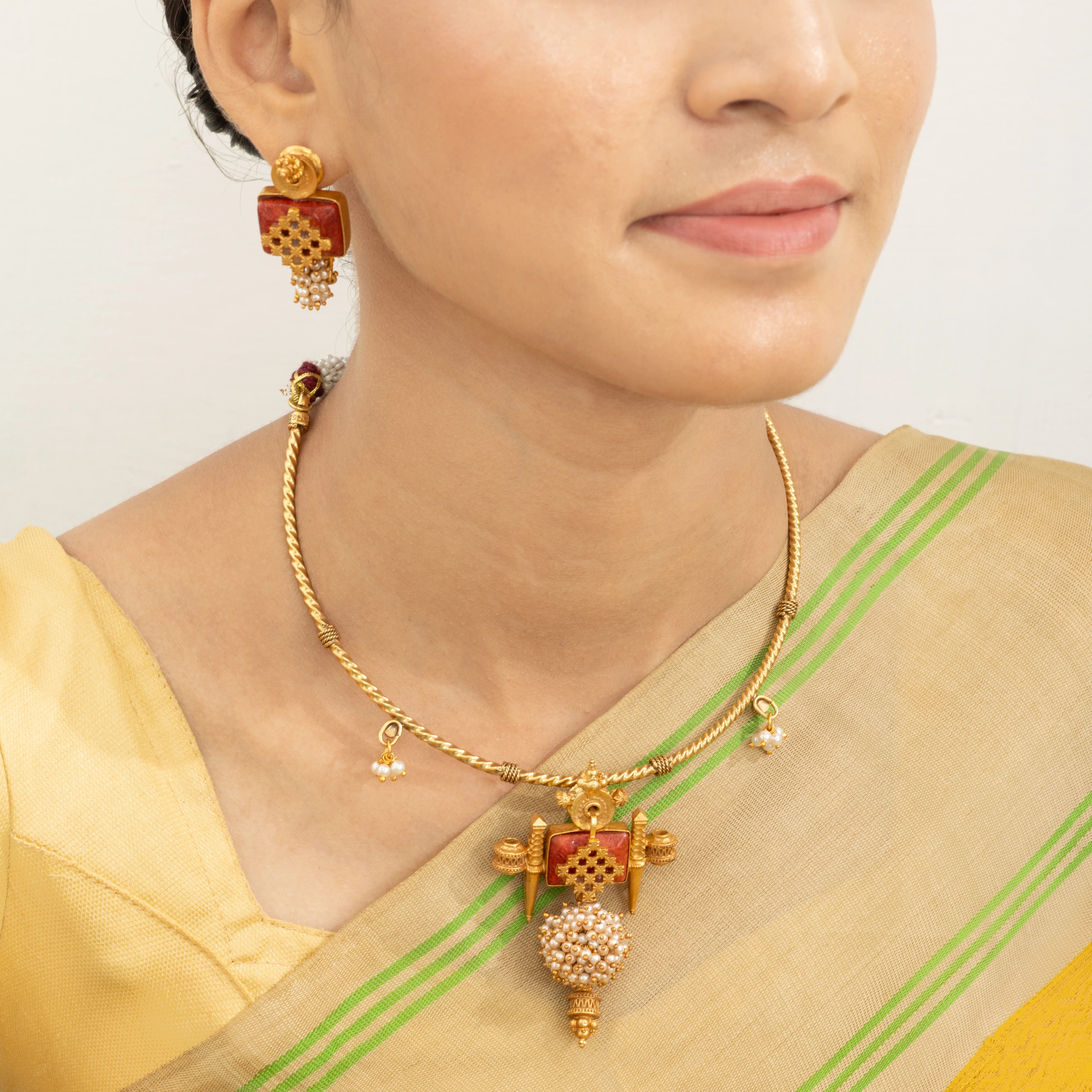 Antique Coral & Pearl Temple Earrings