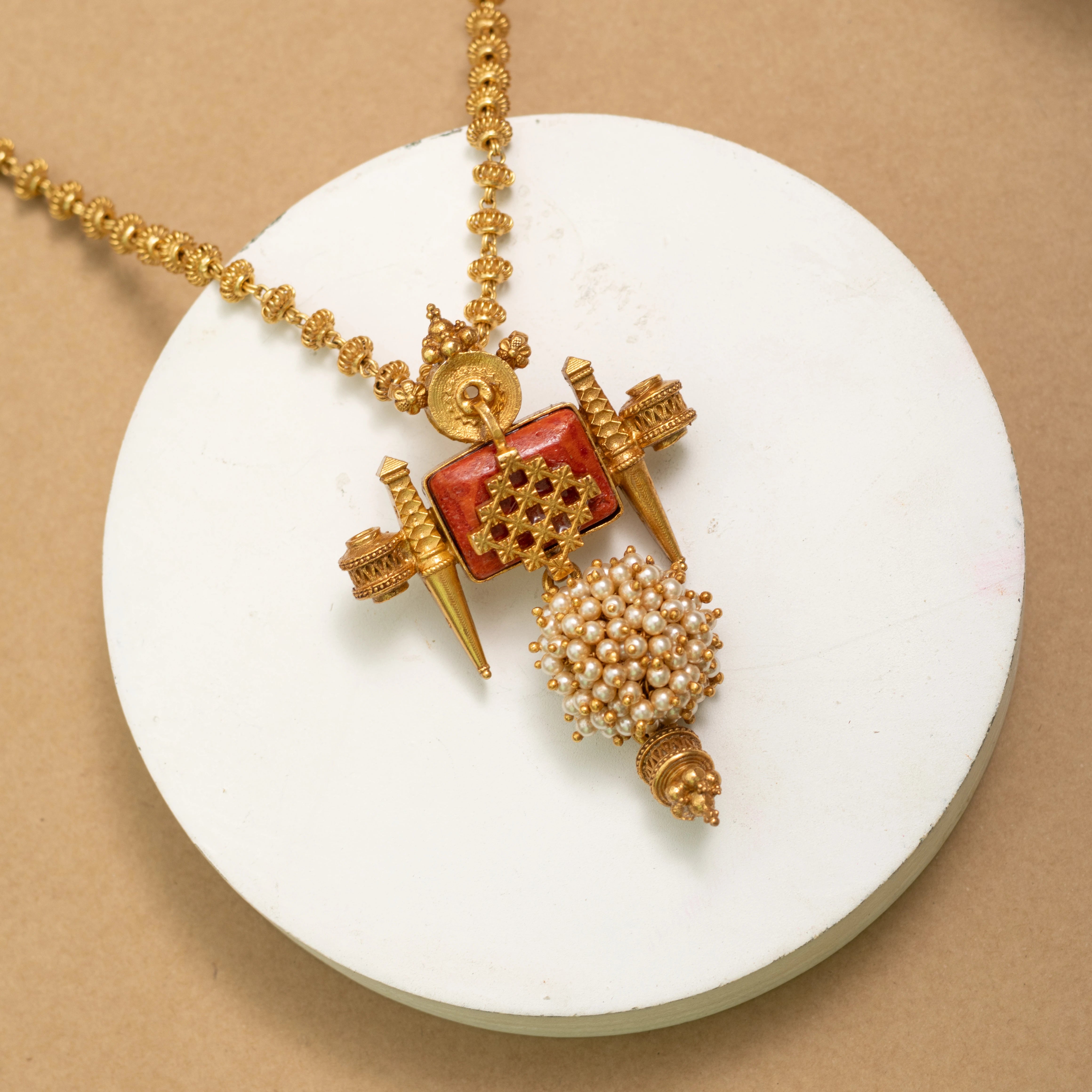 Antique Coral & Pearl Temple Pendant