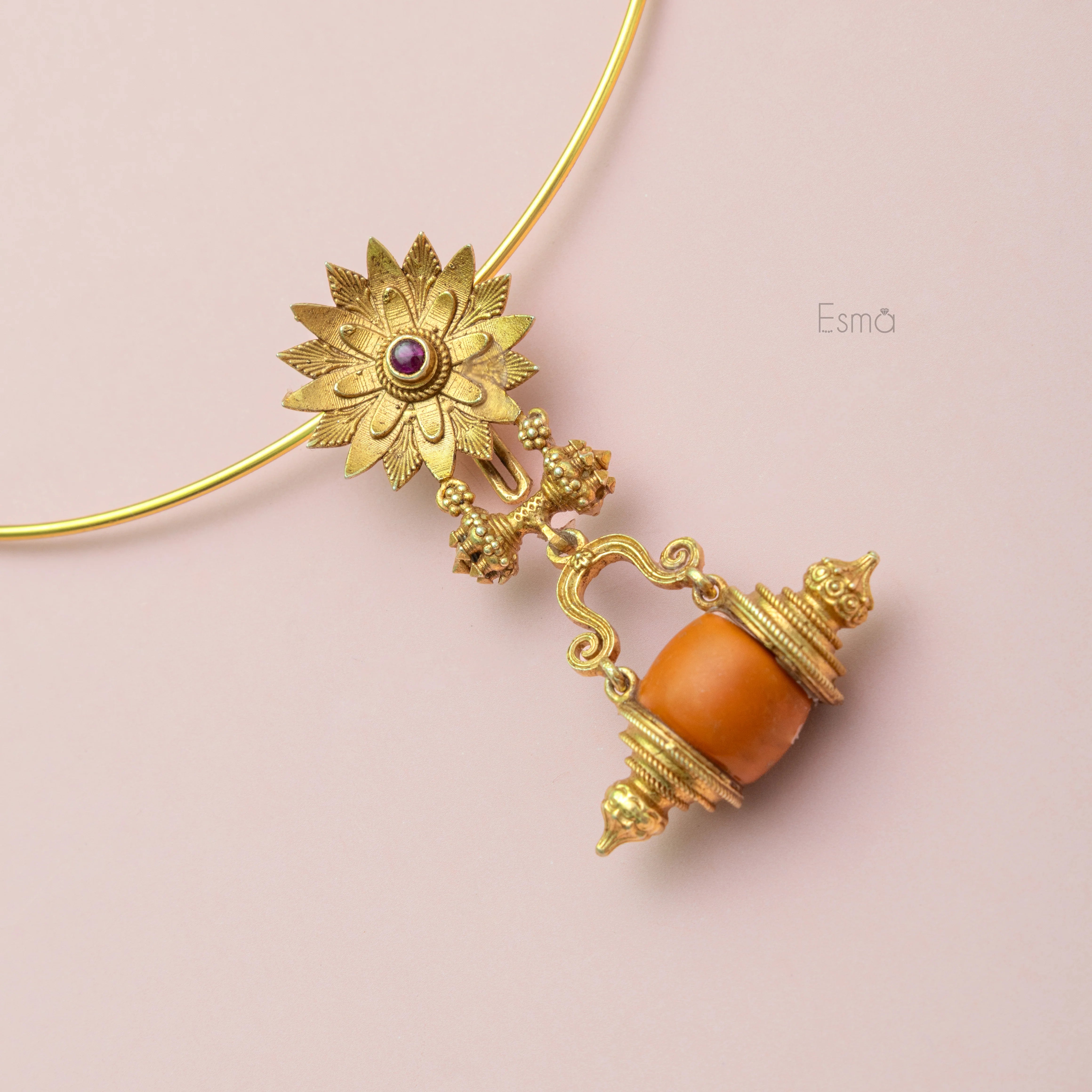 Golden Lotus Coral Temple Pendant