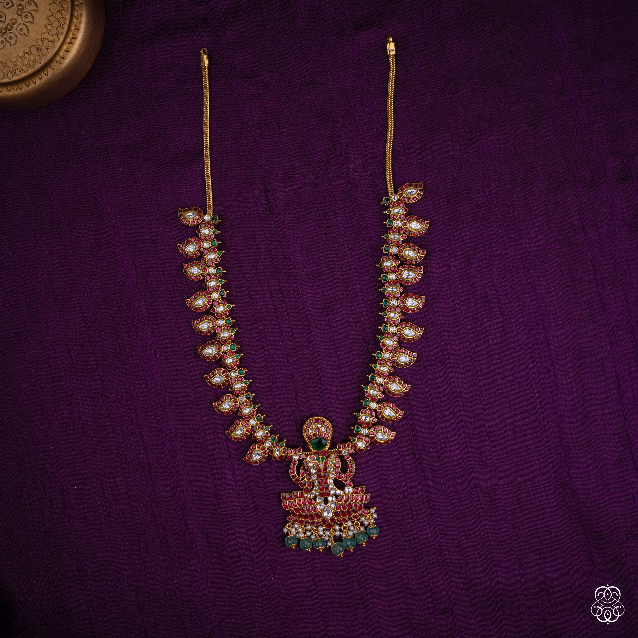 Alamelu Lakshmi temple haaram with Goddess Lakshmi pendant in ruby, moissanite and emerald beads, 92.5 sterling silver with 22k gold plating