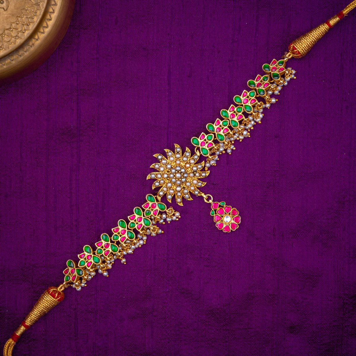 Arunodaya Choker - sunburst choker with dori, set with ruby and emerald kundan and fresh water pearls, in 92.5 sterling silver with 22k gold plating