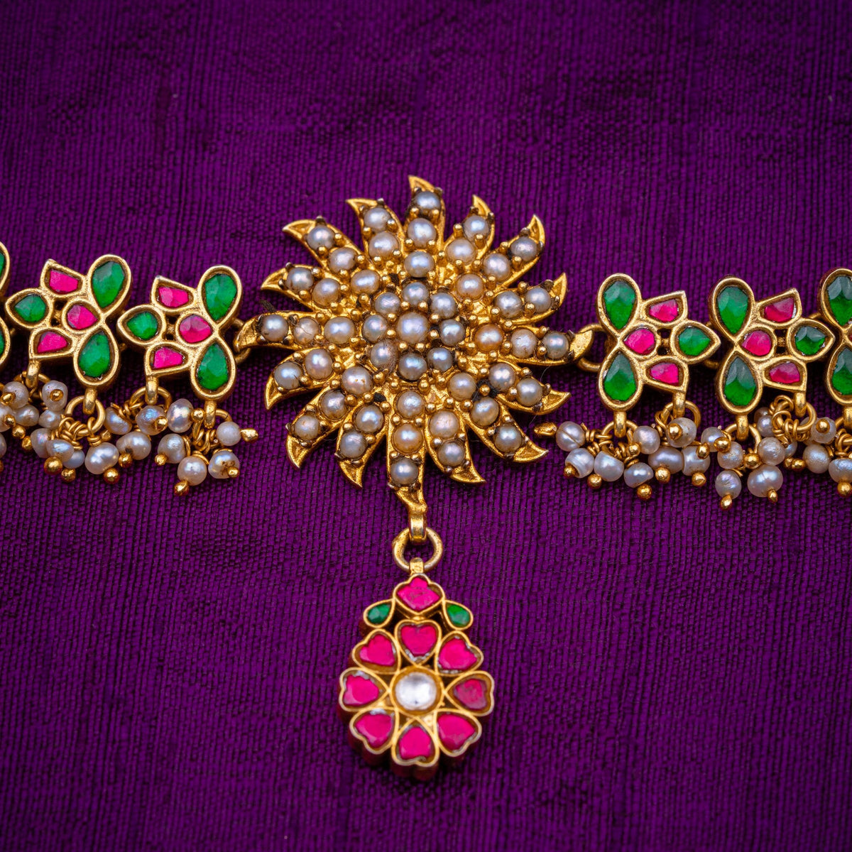 Arunodaya Choker - sunburst choker with dori, set with ruby and emerald kundan and fresh water pearls, in 92.5 sterling silver with 22k gold plating - view 3