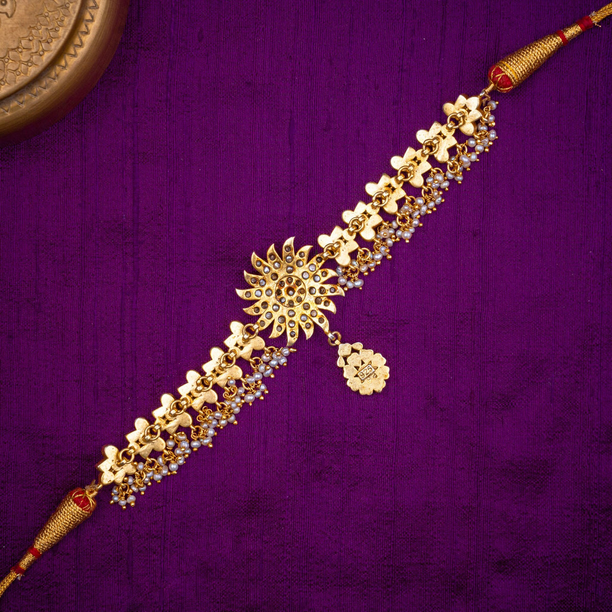 Arunodaya Choker - sunburst choker with dori, set with ruby and emerald kundan and fresh water pearls, in 92.5 sterling silver with 22k gold plating - view 4