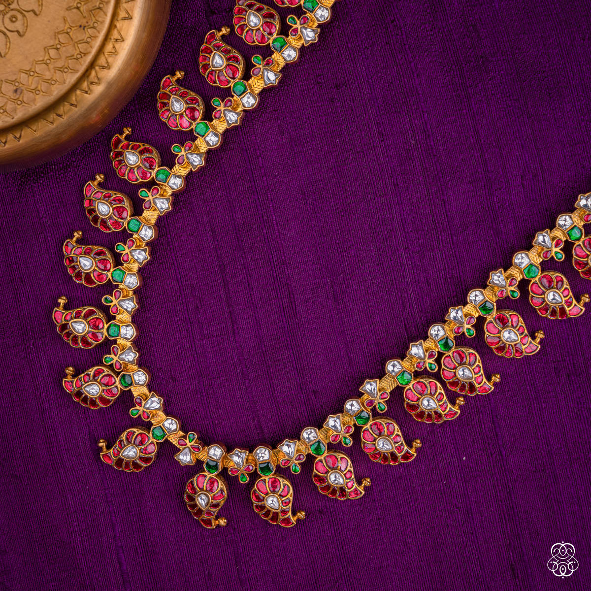 Rukmini single-row mango mala necklace in ruby and emerald, 92.5 sterling silver with 22k gold plating