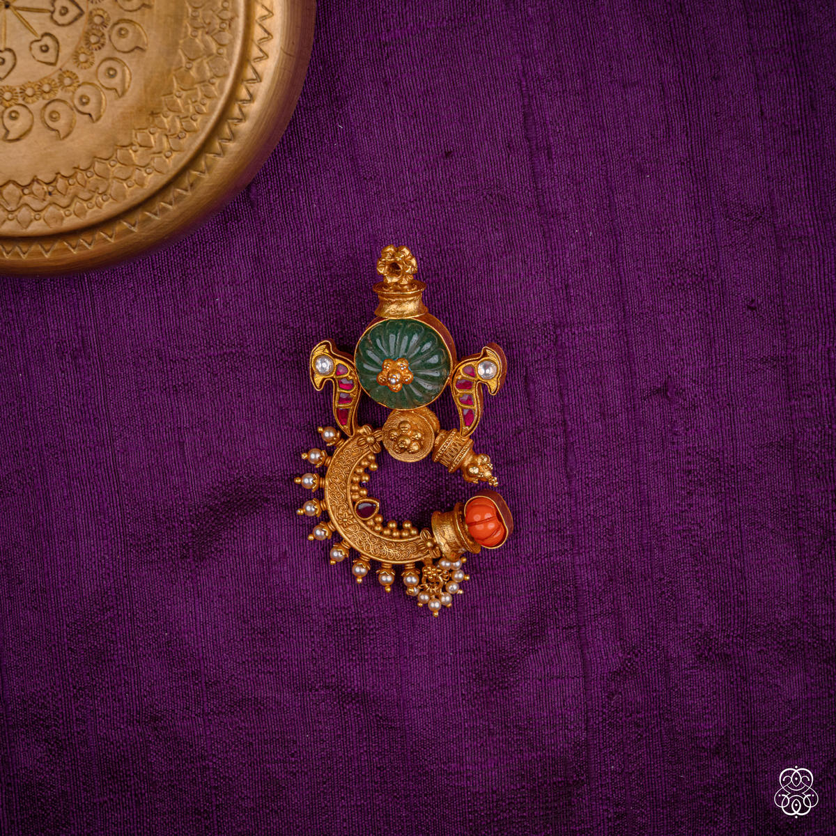 Anjani antique crescent pendant in emerald, coral and fresh water pearls, 92.5 sterling silver with 22k gold plating