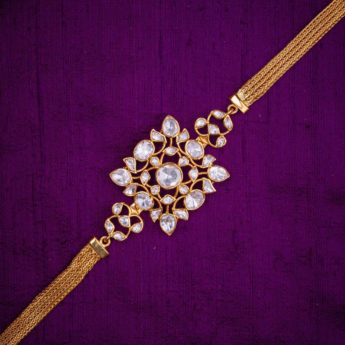 Deepika Polki Bracelet - polki-look bracelet on a woven chain, set with moissanites, in 92.5 sterling silver with 22k gold plating - view 3