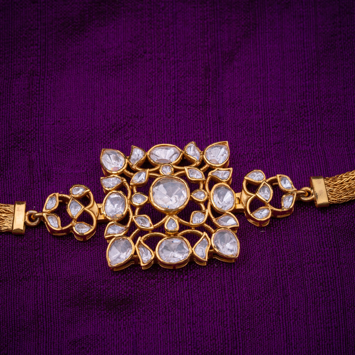Deepika Polki Bracelet - polki-look bracelet on a woven chain, set with moissanites, in 92.5 sterling silver with 22k gold plating - view 4