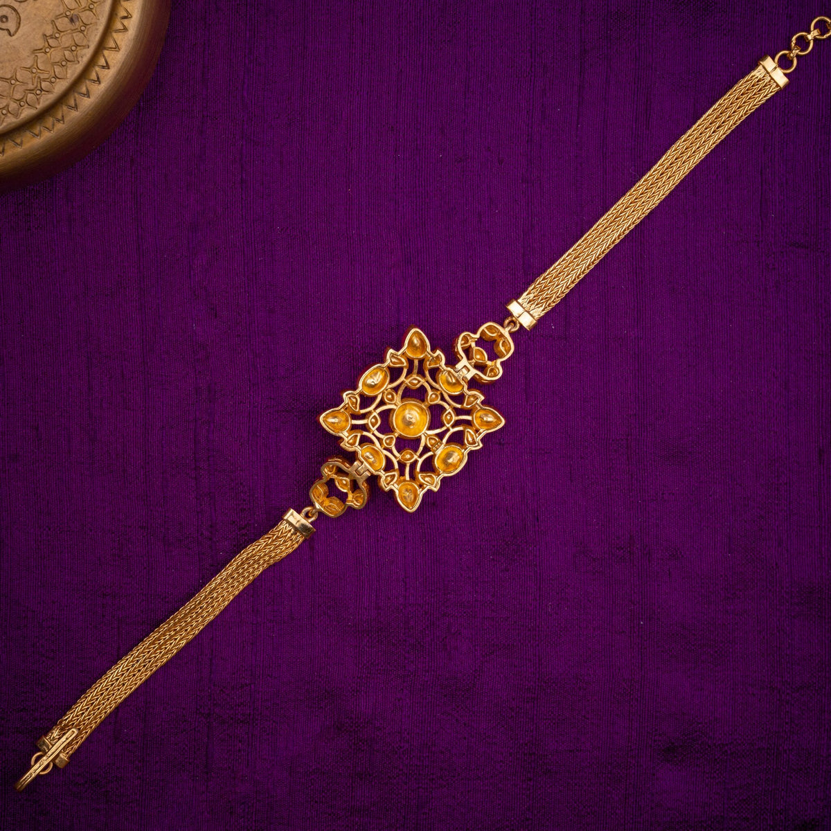 Deepika Polki Bracelet - polki-look bracelet on a woven chain, set with moissanites, in 92.5 sterling silver with 22k gold plating - view 5