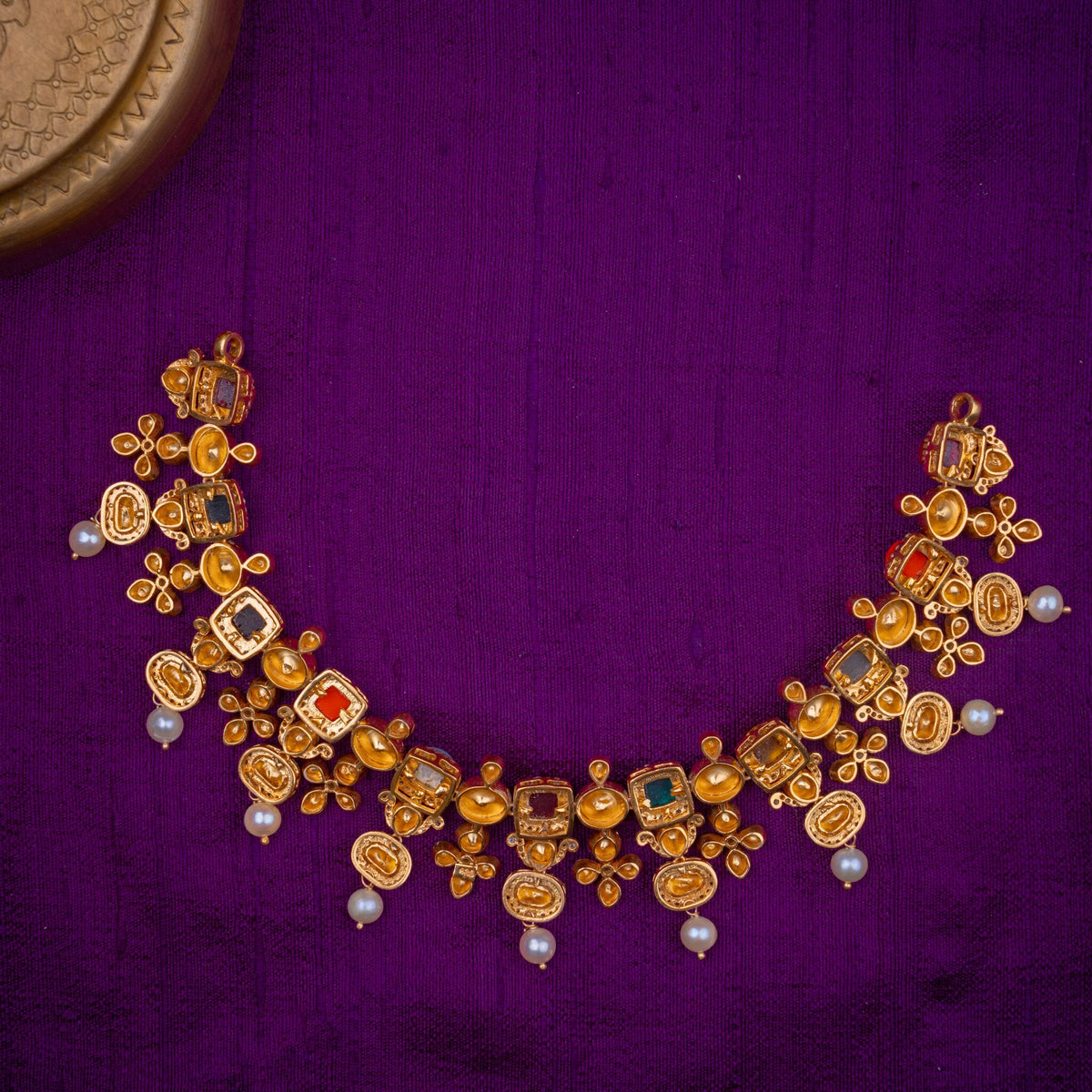 Grahamala Navaratna Necklace - navaratna polki-look necklace, set with moissanites, navaratna stones and fresh water pearls, in 92.5 sterling silver with 22k gold plating - view 3