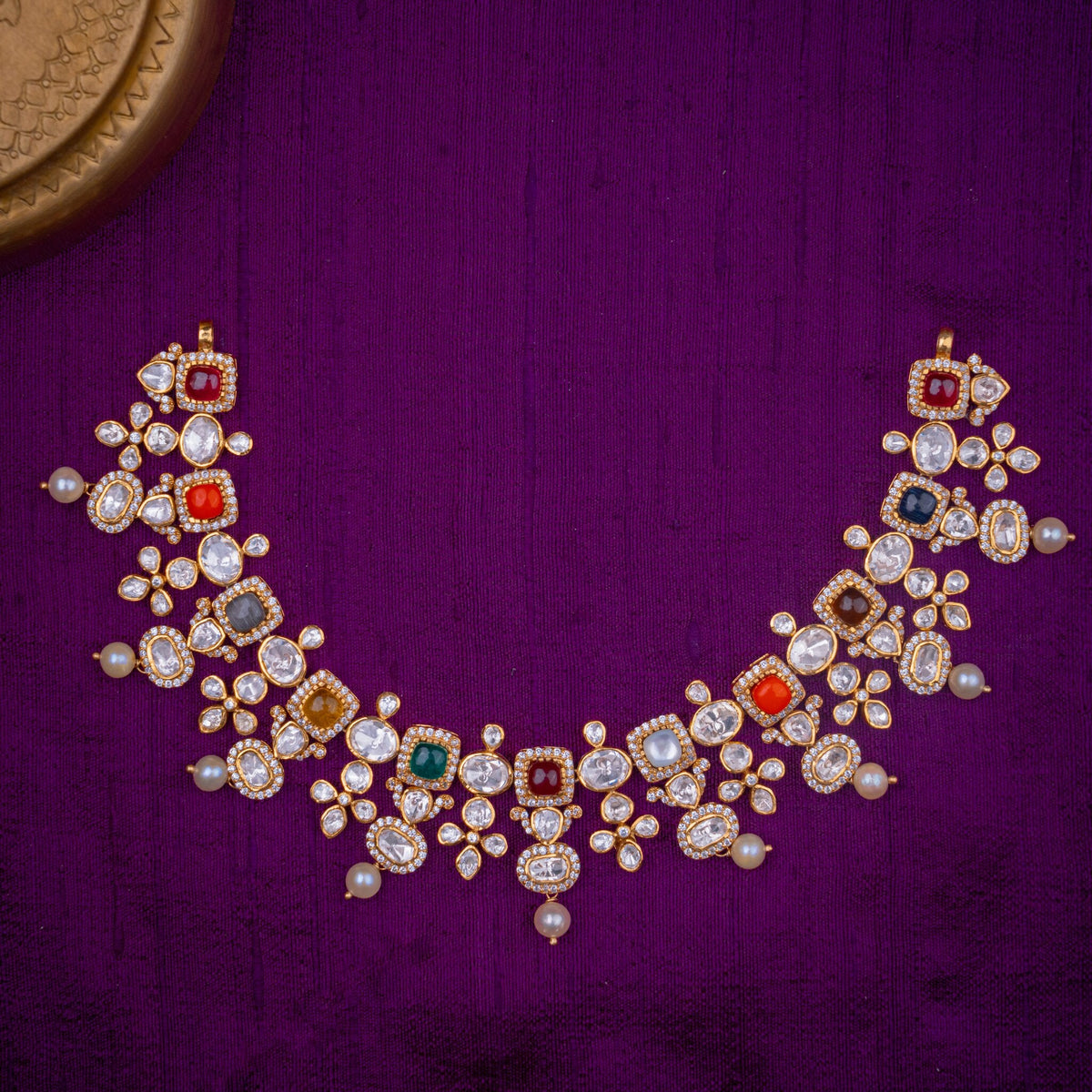 Grahamala Navaratna Necklace - navaratna polki-look necklace, set with moissanites, navaratna stones and fresh water pearls, in 92.5 sterling silver with 22k gold plating