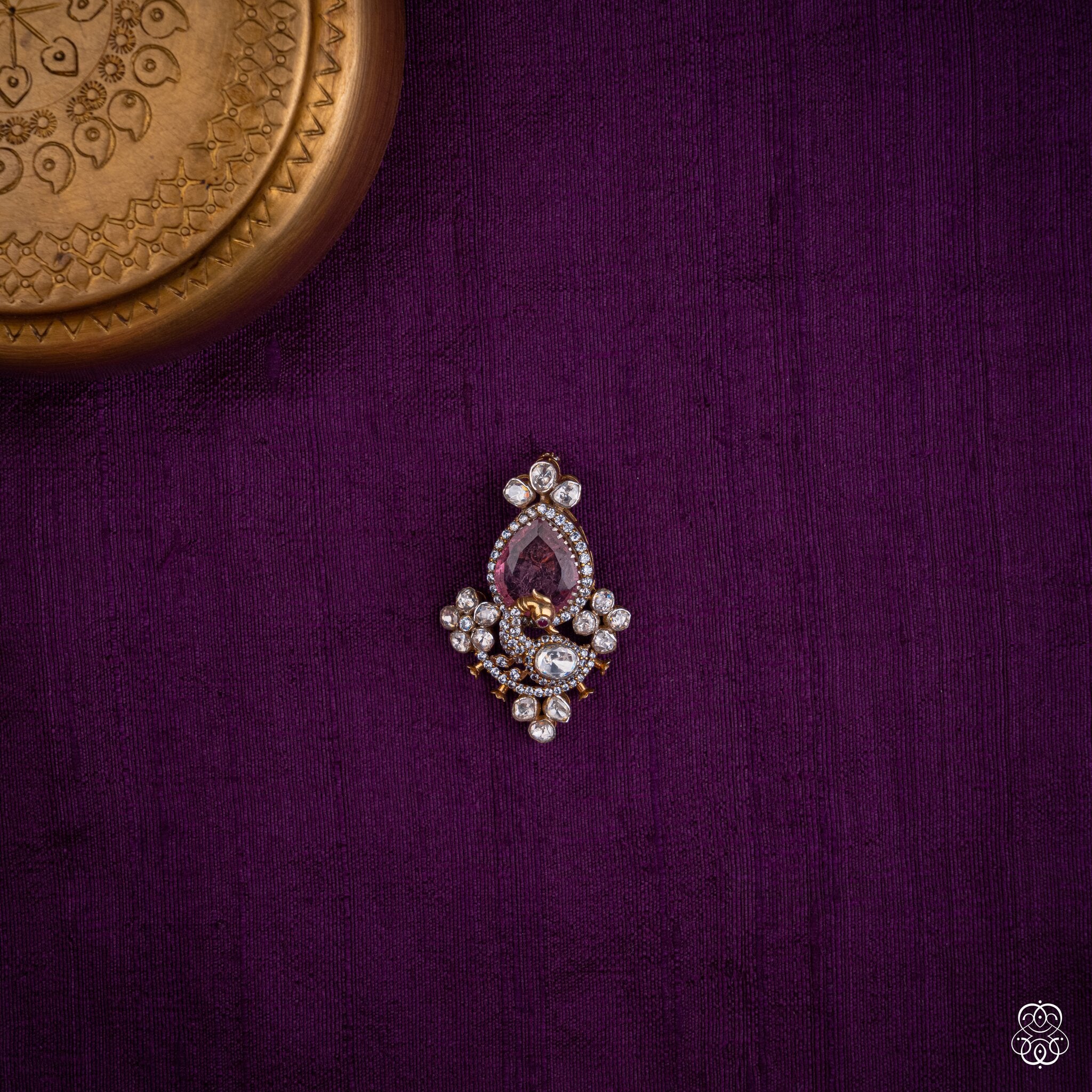 Gulabkali pendant with a pink lab-grown tourmaline pear in a moissanite petal cluster, 92.5 sterling silver with 22k gold plating