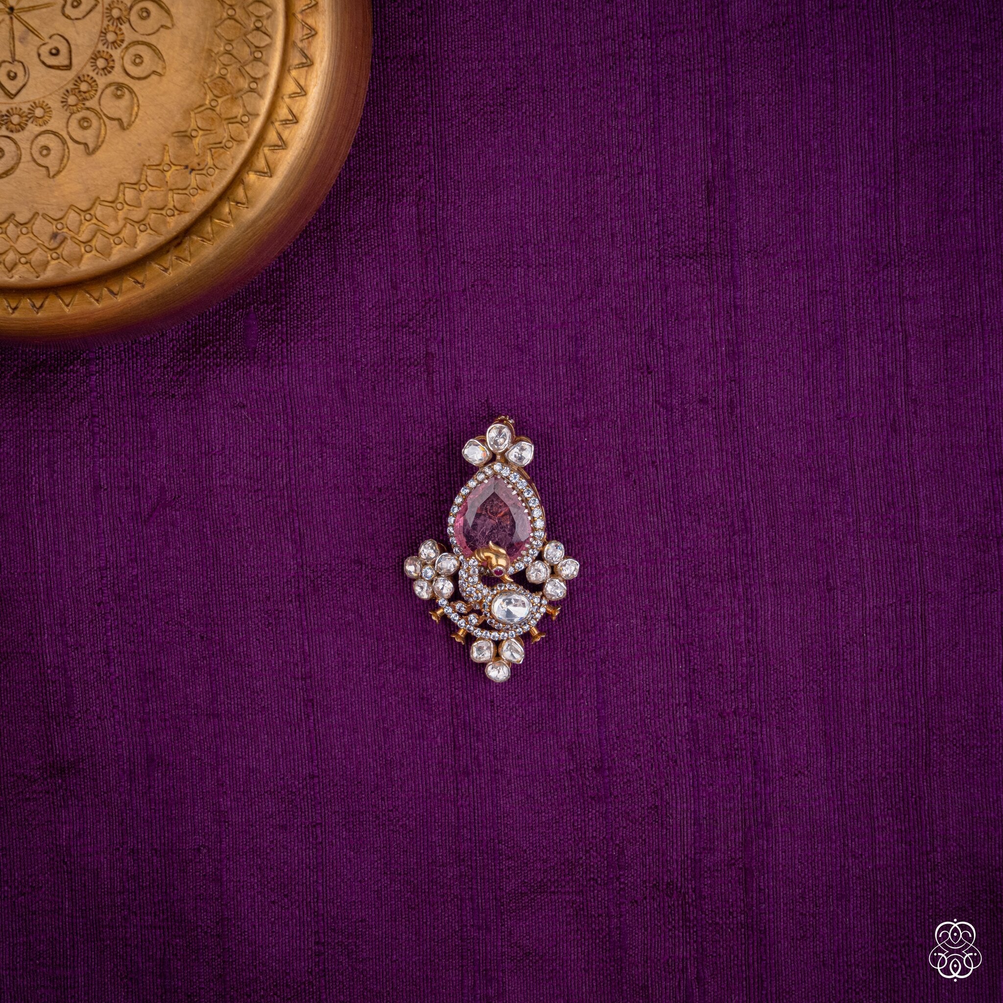 Gulabkali pendant with a pink lab-grown tourmaline pear in a moissanite petal cluster, 92.5 sterling silver with 22k gold plating