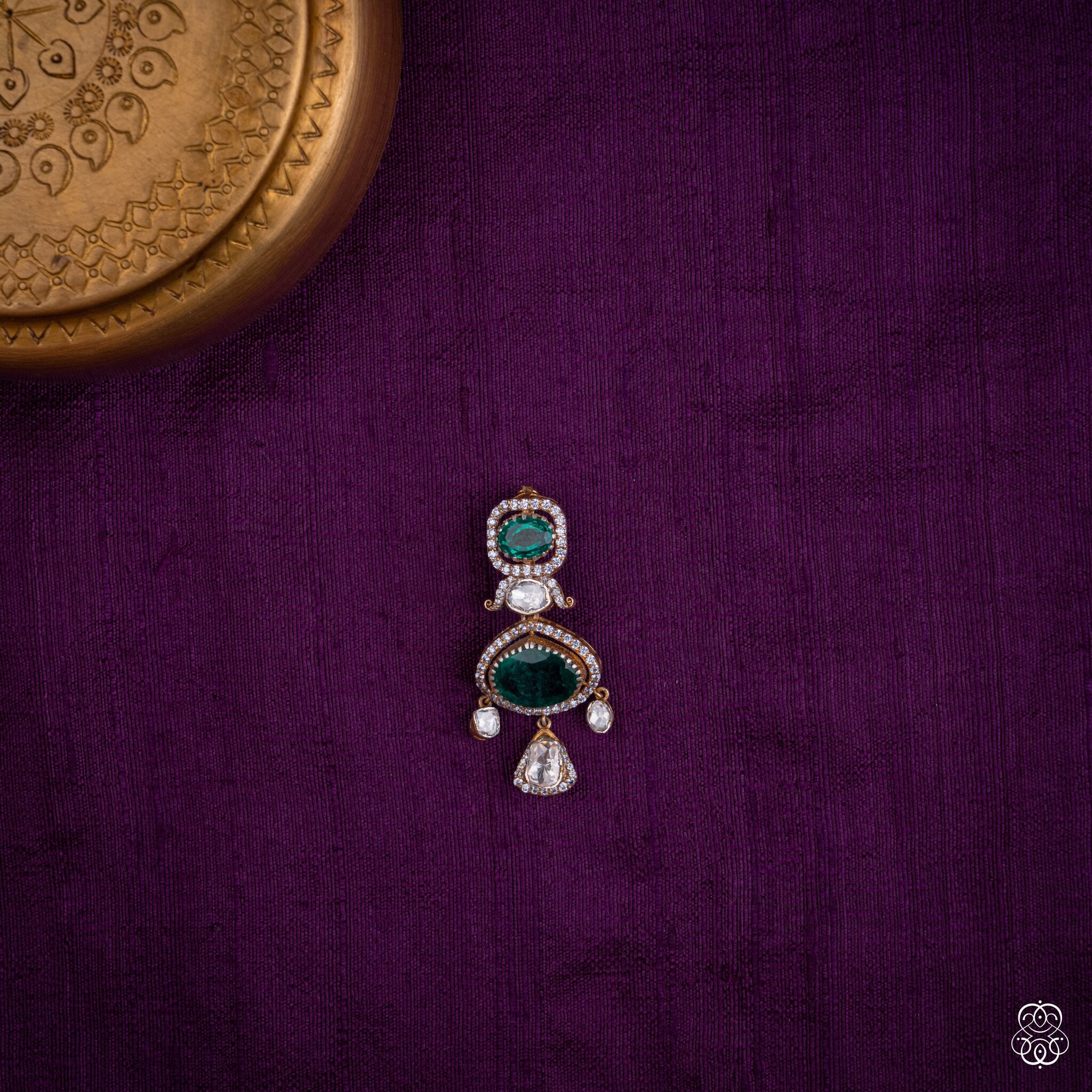 Haritanjali three-tier drop pendant with lab-grown emeralds and moissanites in 92.5 sterling silver with 22k gold plating