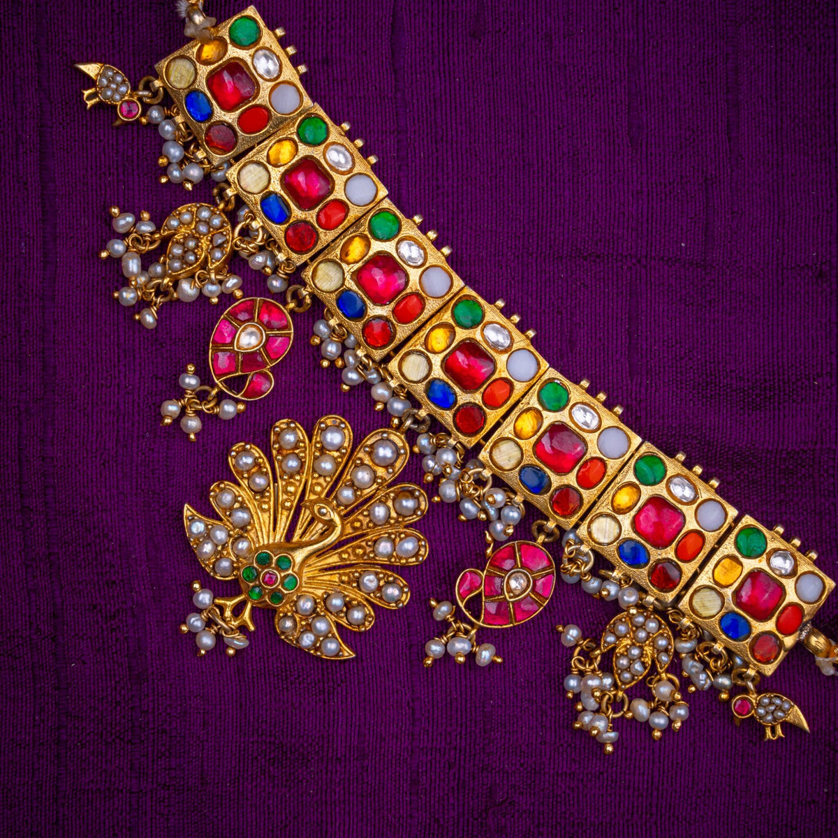 Indradhanush Choker - navaratna choker with peacock drop, set with navaratna kundan, ruby kundan and fresh water pearls, in 92.5 sterling silver with 22k gold plating - view 2
