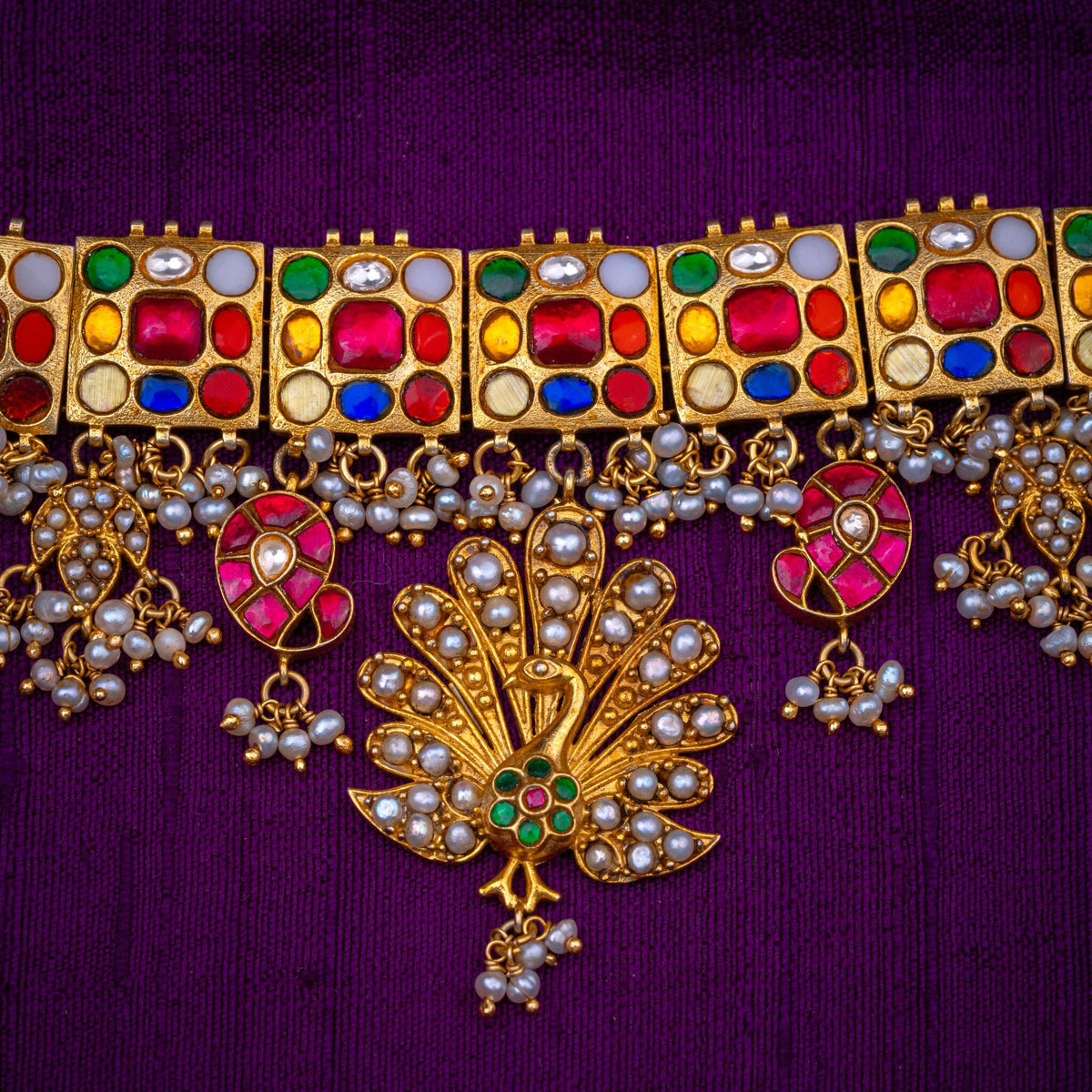 Indradhanush Choker - navaratna choker with peacock drop, set with navaratna kundan, ruby kundan and fresh water pearls, in 92.5 sterling silver with 22k gold plating - view 3