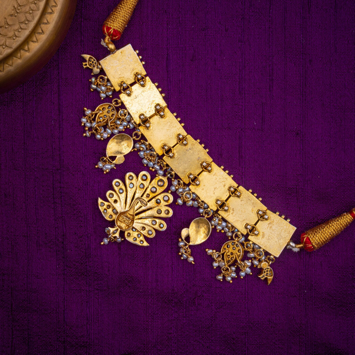 Indradhanush Choker - navaratna choker with peacock drop, set with navaratna kundan, ruby kundan and fresh water pearls, in 92.5 sterling silver with 22k gold plating - view 4