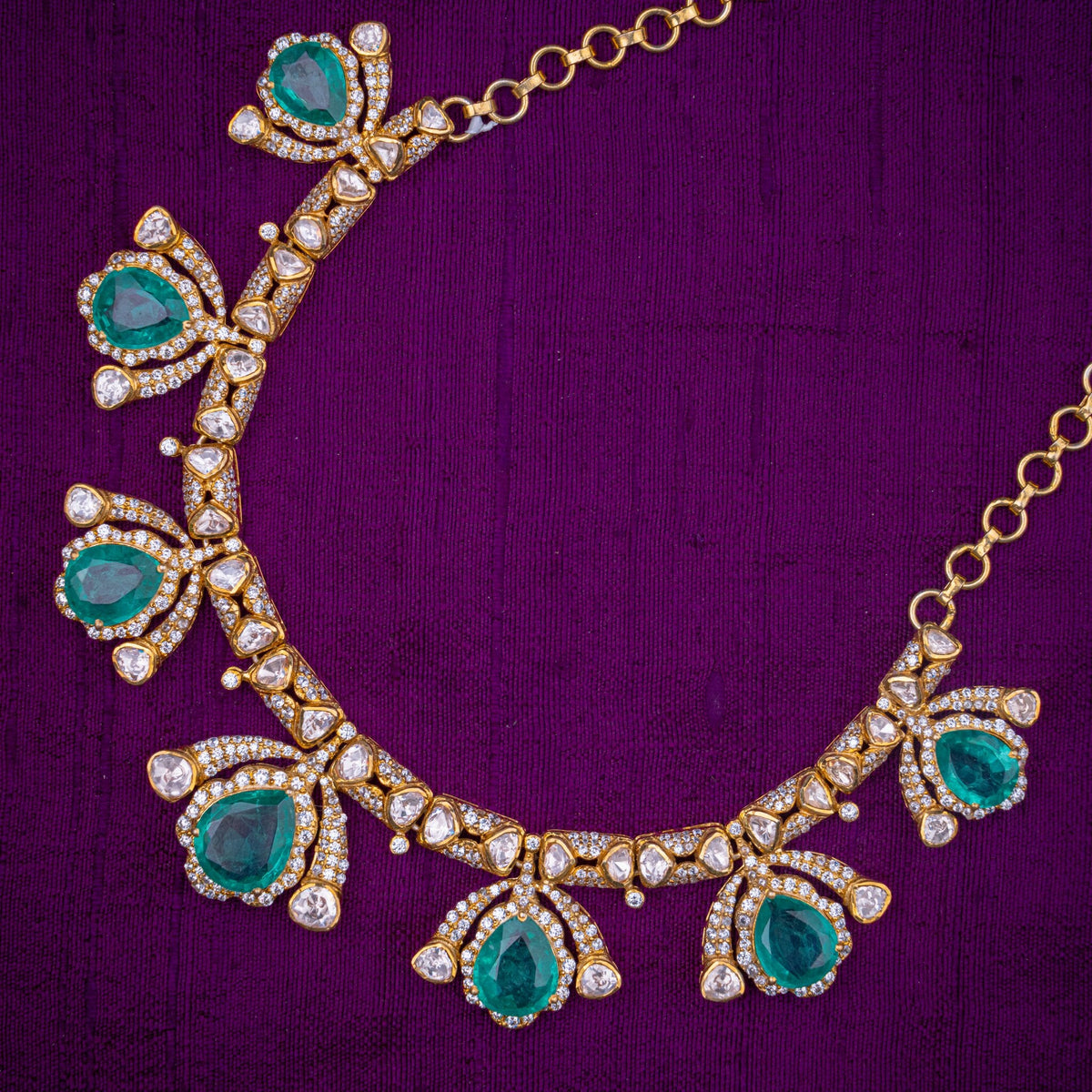 Jalaja Moissanite Necklace - floral drop necklace, set with moissanites and aqua stones, in 92.5 sterling silver with 22k gold plating - view 2