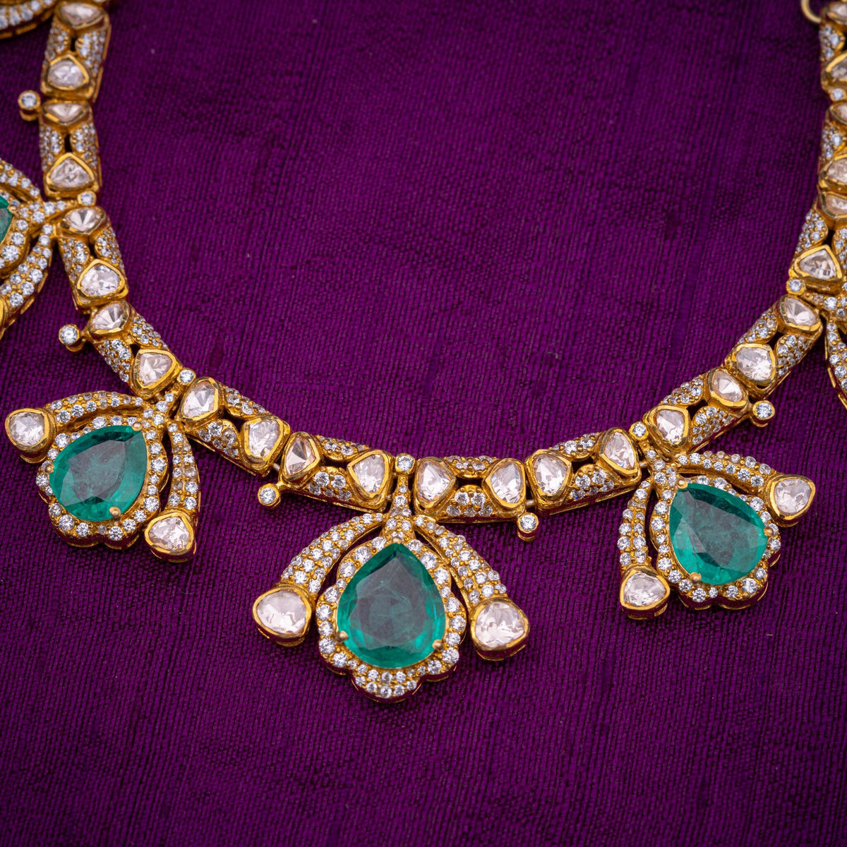 Jalaja Moissanite Necklace - floral drop necklace, set with moissanites and aqua stones, in 92.5 sterling silver with 22k gold plating - view 3