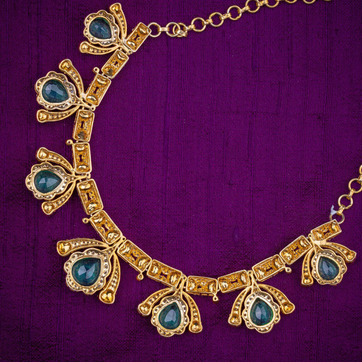 Jalaja Moissanite Necklace - floral drop necklace, set with moissanites and aqua stones, in 92.5 sterling silver with 22k gold plating - view 4