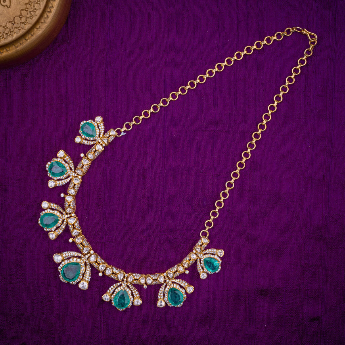 Jalaja Moissanite Necklace - floral drop necklace, set with moissanites and aqua stones, in 92.5 sterling silver with 22k gold plating
