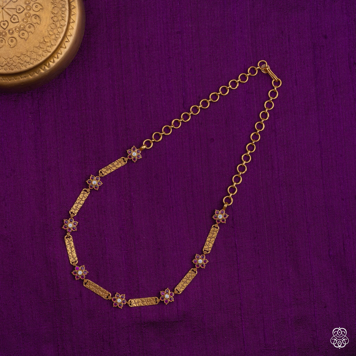 Kusumavali gold bar link necklace with ruby floral motifs in 92.5 sterling silver with 22k gold plating