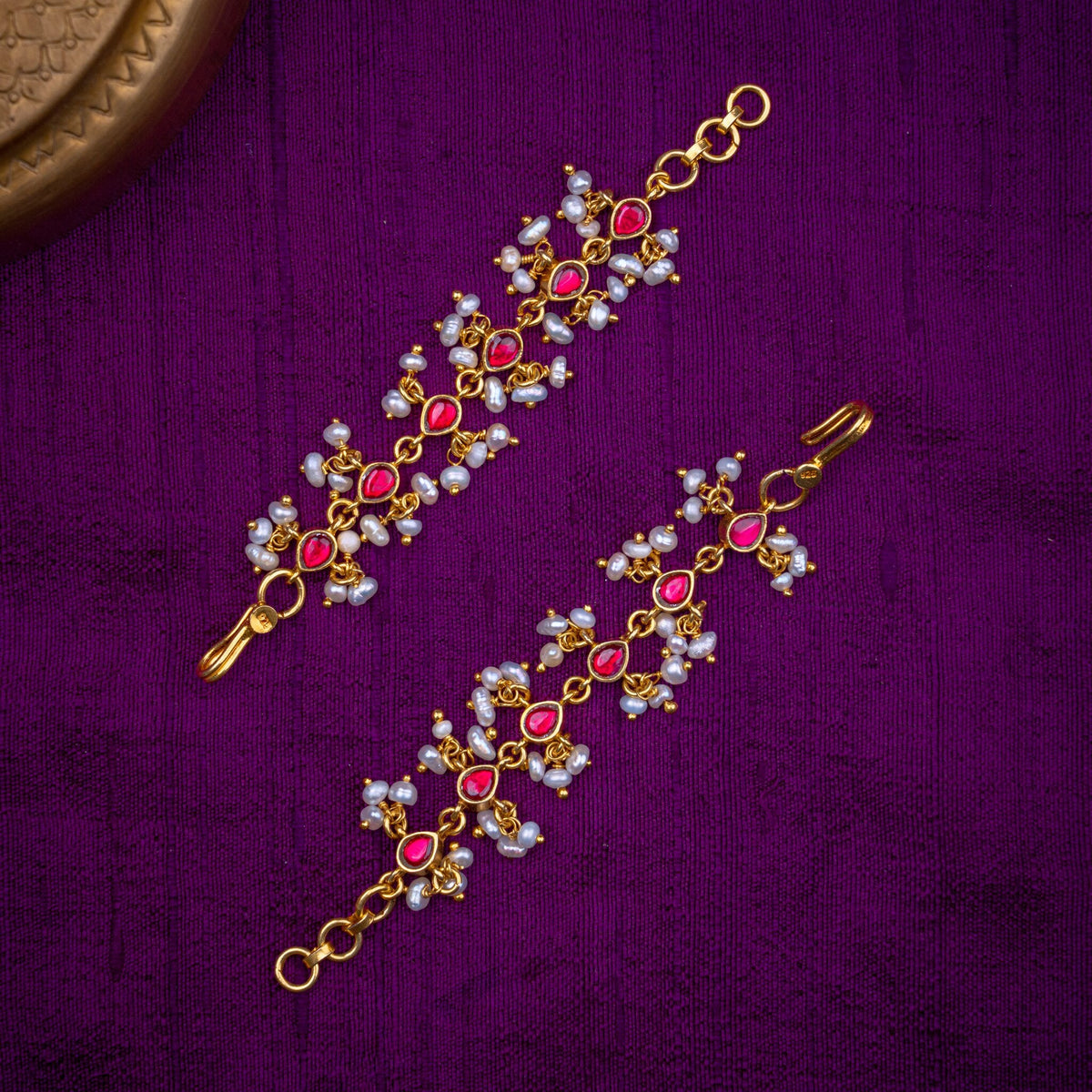 Lalima Matilu - ear chains with ruby drops and pearl clusters, set with ruby kundan and fresh water pearls, in 92.5 sterling silver with 22k gold plating