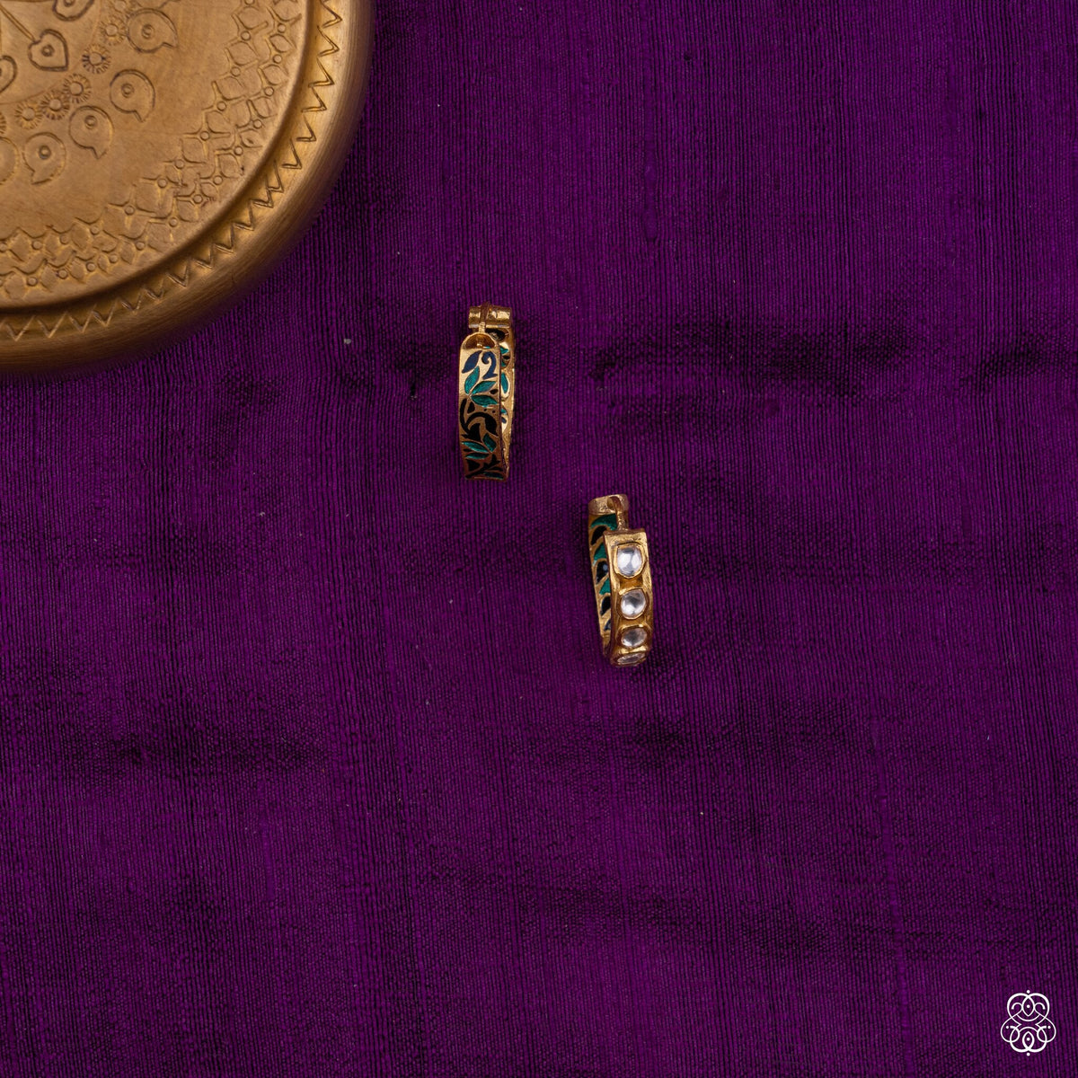 Latika hoop bali earrings with teal vine meenakari and white kundan in 92.5 sterling silver with 22k gold plating