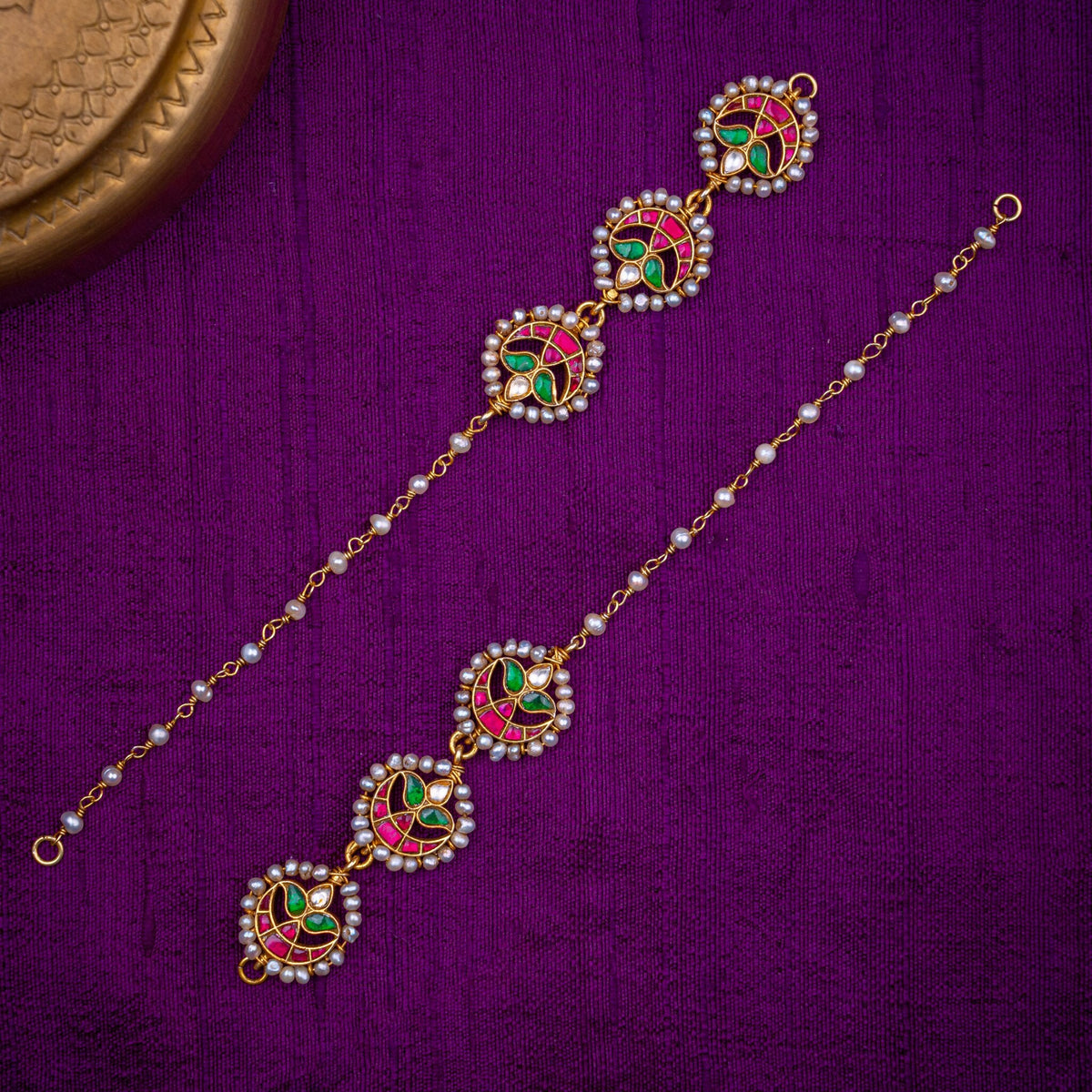 Mandalika Matilu - ear chains with pearl-ringed medallions, set with ruby, emerald and white kundan and fresh water pearls, in 92.5 sterling silver with 22k gold plating