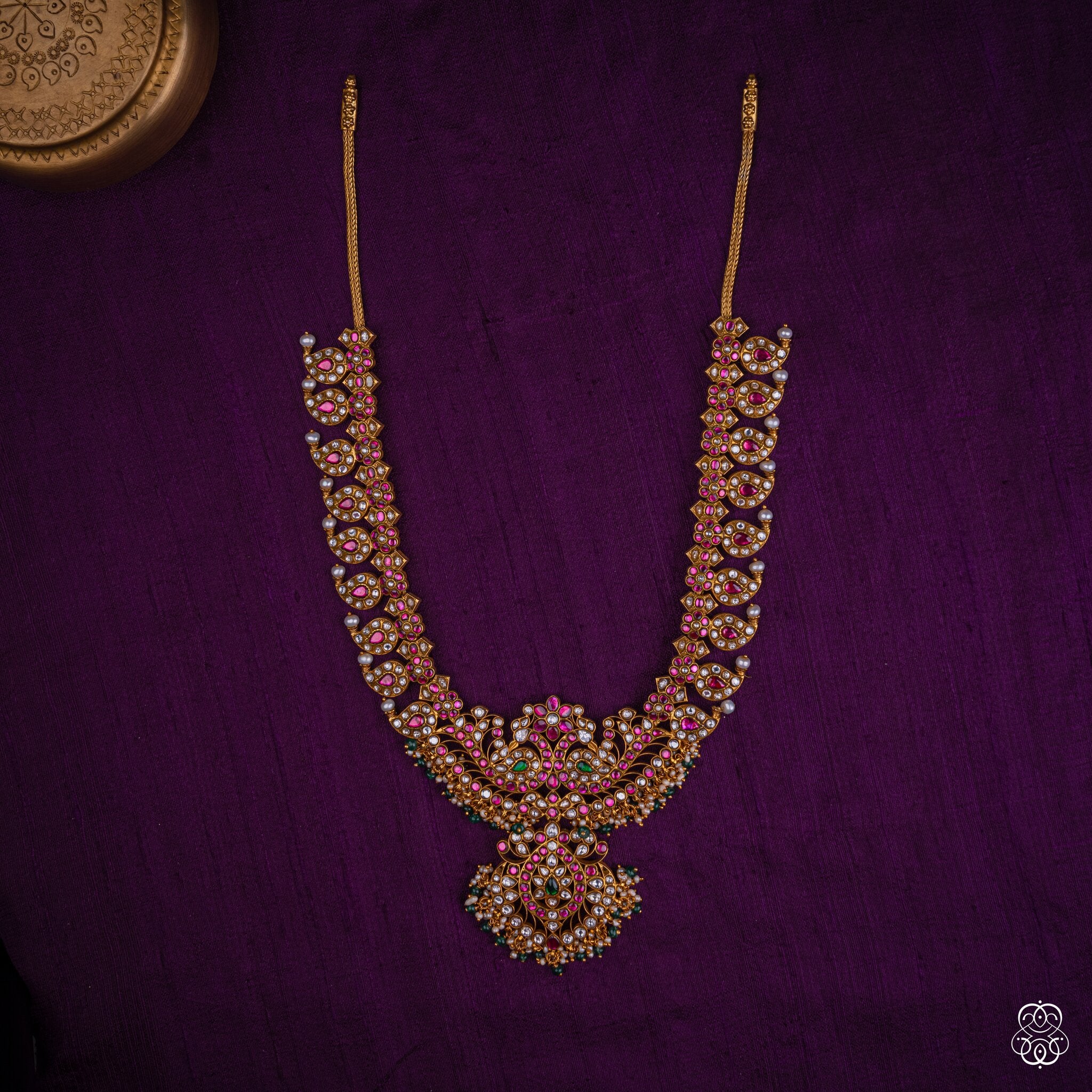 Manjulika long mango haaram in ruby, moissanite, emerald beads and fresh water pearls, 92.5 sterling silver with 22k gold plating