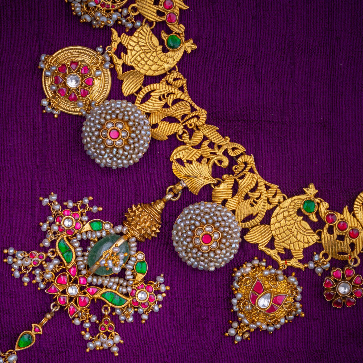 Marali Temple Necklace - temple-style swan necklace, set with ruby and emerald kundan, green stone and fresh water pearls, in 92.5 sterling silver with 22k gold plating - view 2