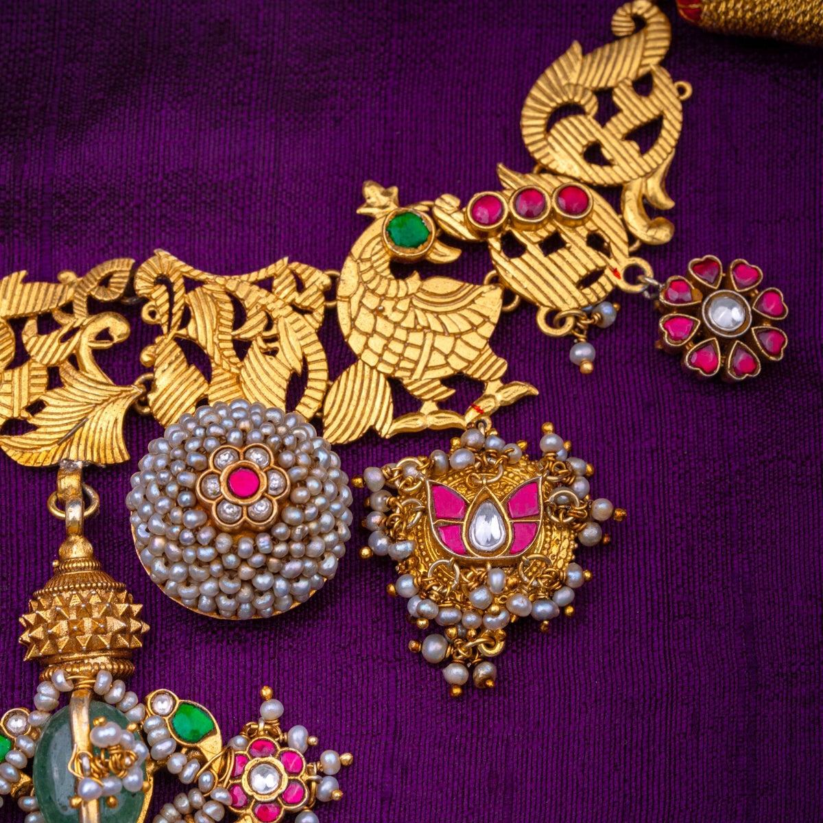 Marali Temple Necklace - temple-style swan necklace, set with ruby and emerald kundan, green stone and fresh water pearls, in 92.5 sterling silver with 22k gold plating - view 4
