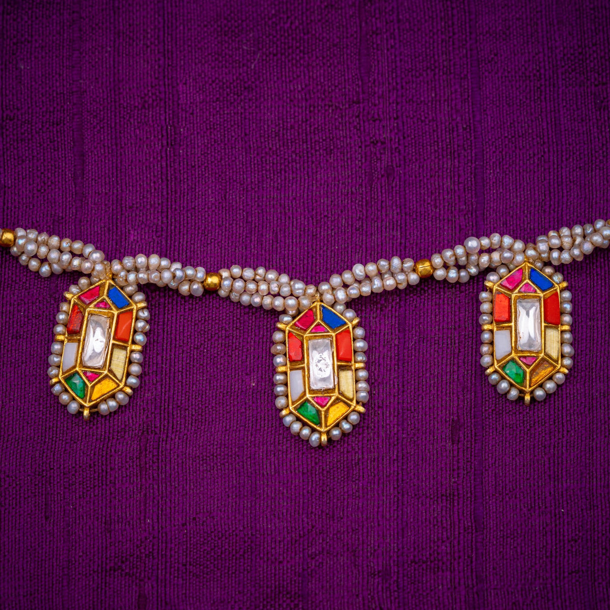Navarangi Pearl Necklace - multi-strand pearl necklace with navaratna motifs, set with navaratna and white kundan and fresh water pearls, in 92.5 sterling silver with 22k gold plating - view 3