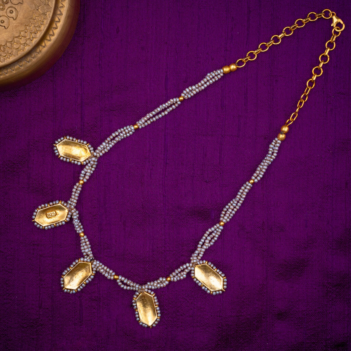 Navarangi Pearl Necklace - multi-strand pearl necklace with navaratna motifs, set with navaratna and white kundan and fresh water pearls, in 92.5 sterling silver with 22k gold plating - view 4