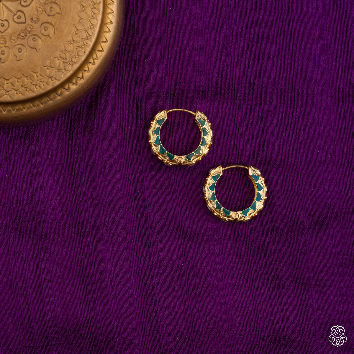 Neelpankh round kundan bali earrings with peacock teal meenakari enamel in 92.5 sterling silver with 22k gold plating