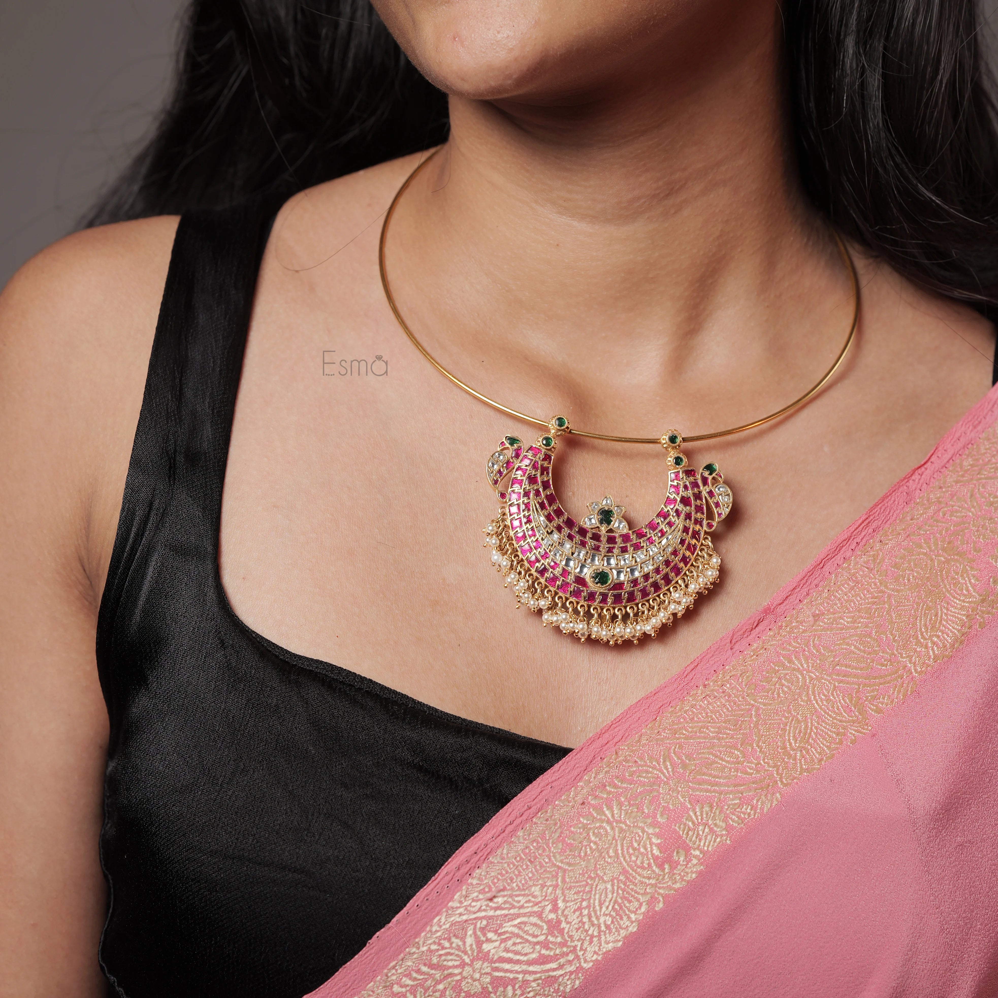 Peacock Crescent Kundan Pendant