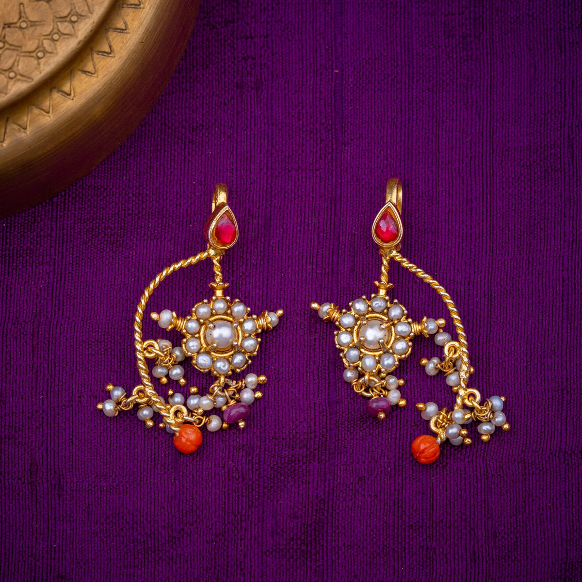 Pagadamani Bugadi - pearl flower bugadi, set with ruby kundan, coral beads and fresh water pearls, in 92.5 sterling silver with 22k gold plating - view 2