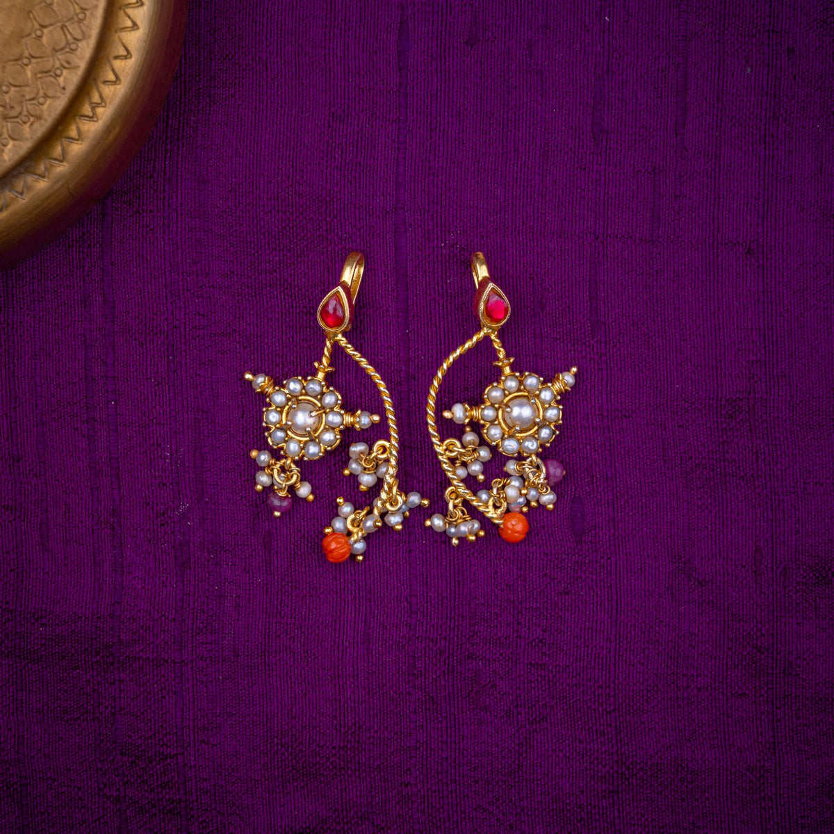 Pagadamani Bugadi - pearl flower bugadi, set with ruby kundan, coral beads and fresh water pearls, in 92.5 sterling silver with 22k gold plating