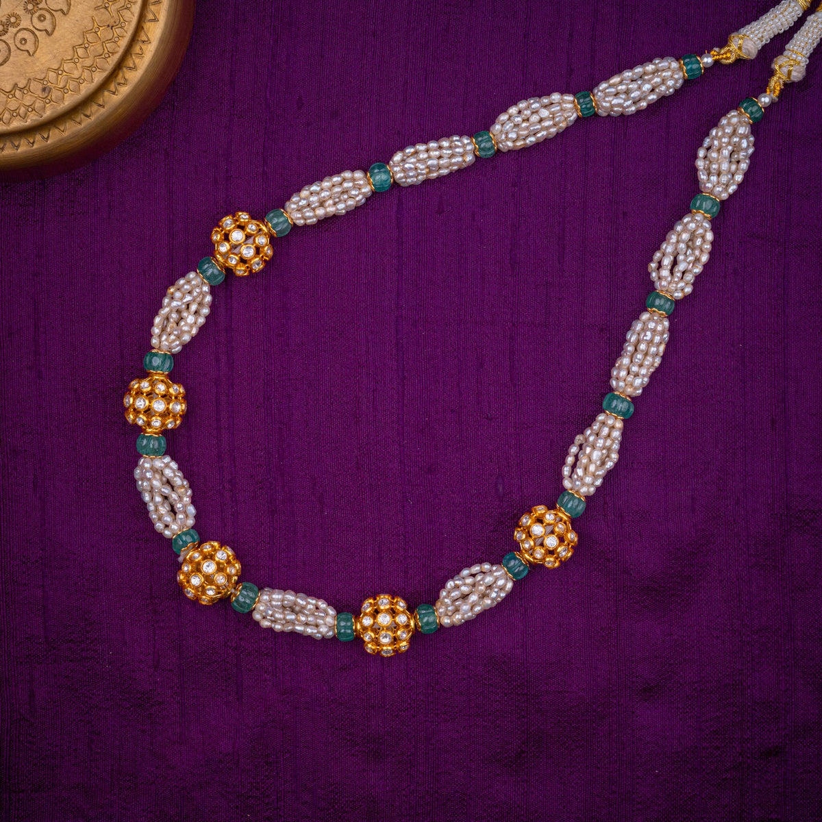 Pushkara Pearl Mala - pearl and kundan bead mala, set with fresh water pearls, white kundan and green fluted beads, in 92.5 sterling silver with 22k gold plating
