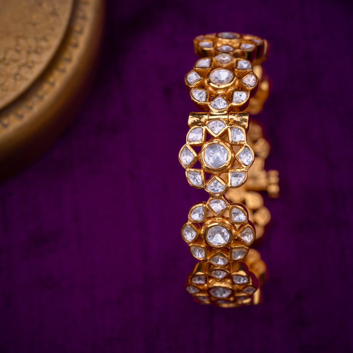 Pushpanjali Polki Kada - floral polki-look kada, set with moissanites, in 92.5 sterling silver with 22k gold plating - view 3