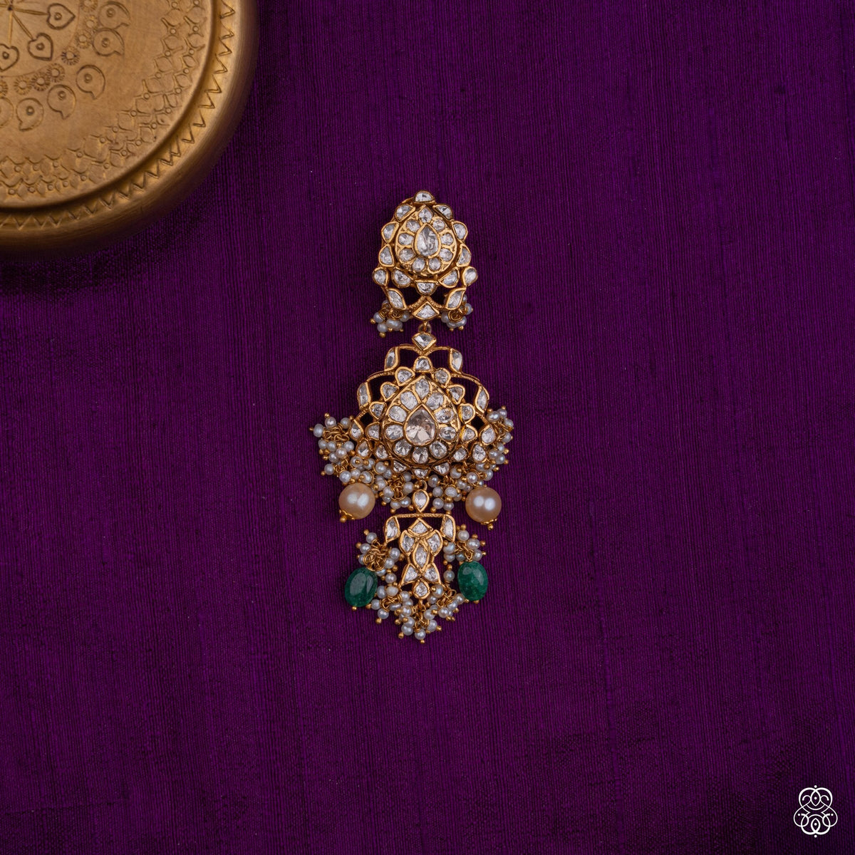 Rajahamsa statement kundan pendant with fresh water pearls and emerald drops in 92.5 sterling silver with 22k gold plating