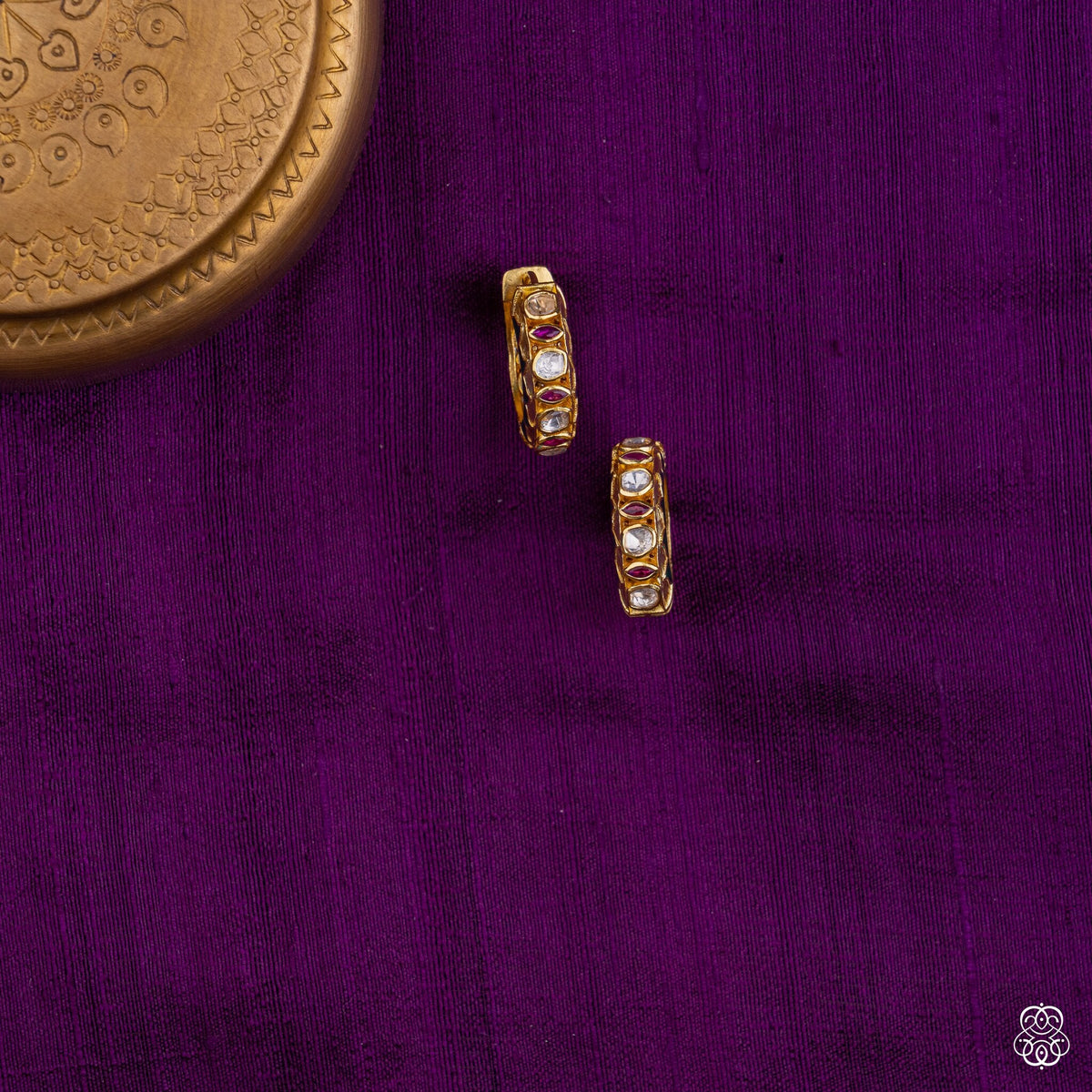 Ratnabali round hoop earrings with white kundan and ruby stones in 92.5 sterling silver with 22k gold plating