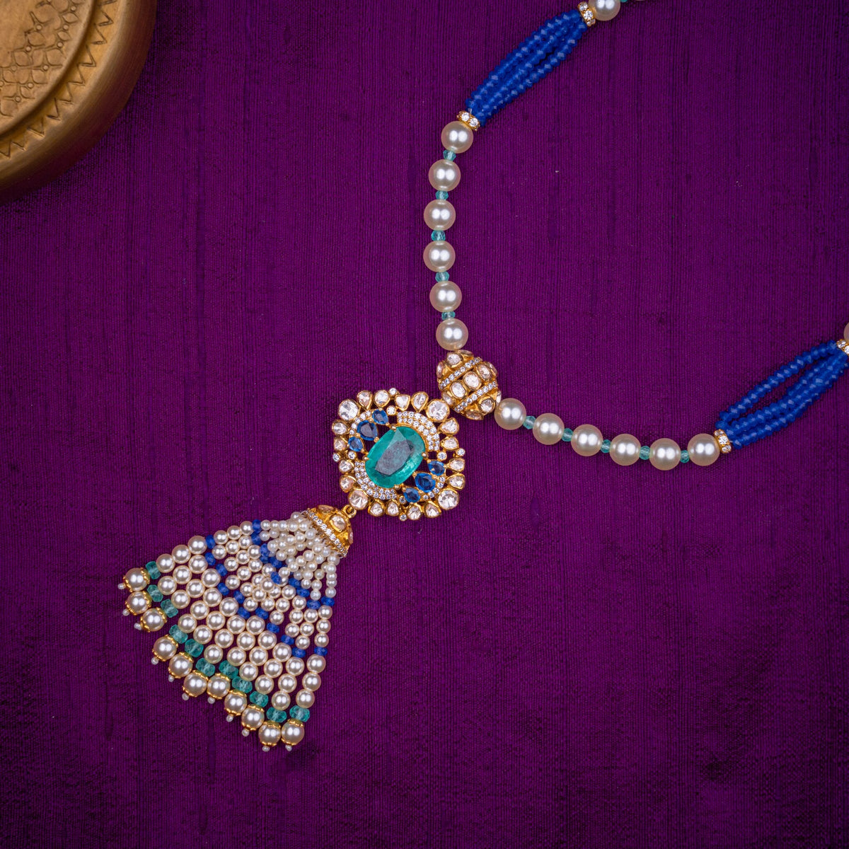 Samudrika Tassel Necklace - long pearl necklace with tassel pendant, set with aqua stone, moissanites, fresh water pearls and blue and aqua beads, in 92.5 sterling silver with 22k gold plating - view 2
