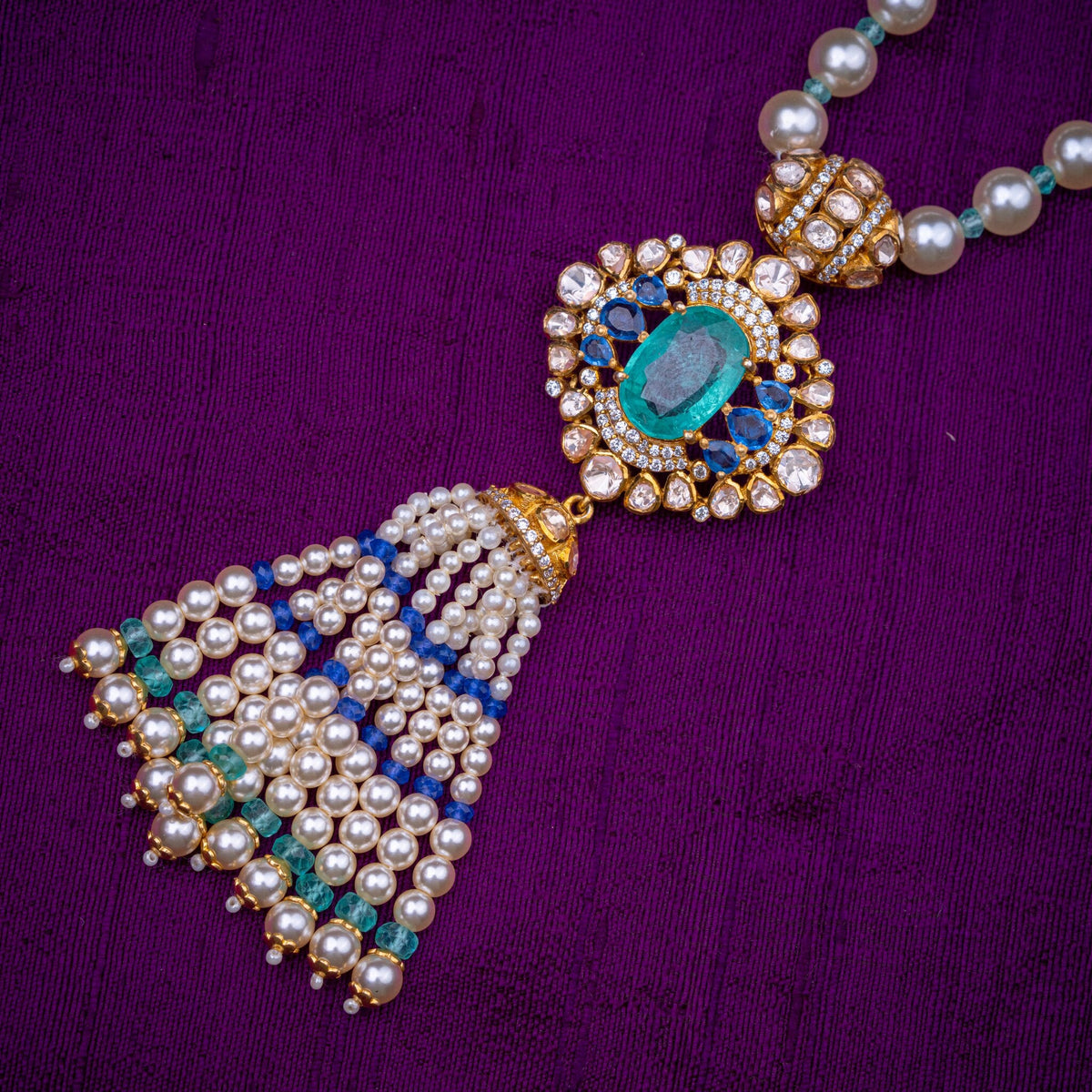 Samudrika Tassel Necklace - long pearl necklace with tassel pendant, set with aqua stone, moissanites, fresh water pearls and blue and aqua beads, in 92.5 sterling silver with 22k gold plating - view 3