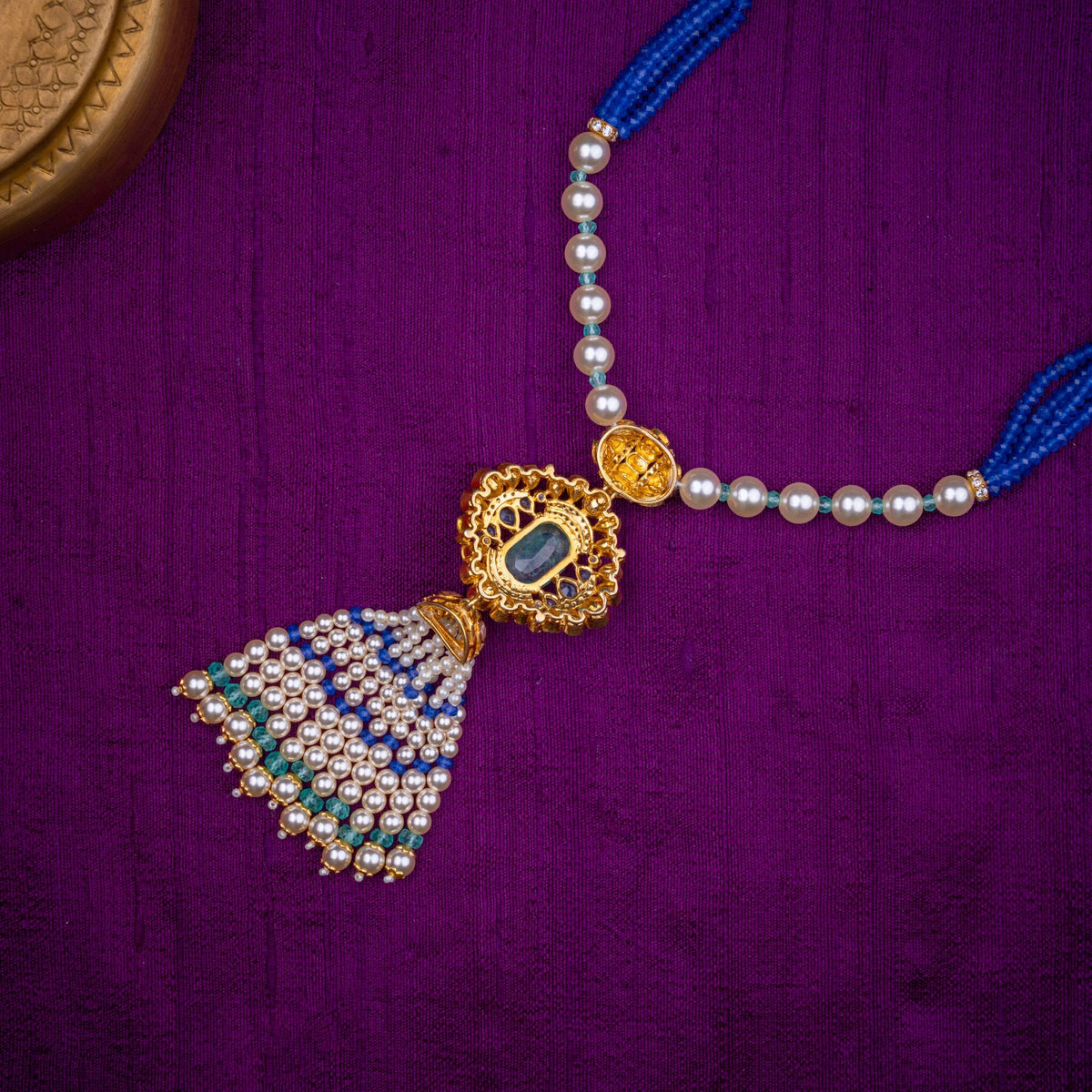 Samudrika Tassel Necklace - long pearl necklace with tassel pendant, set with aqua stone, moissanites, fresh water pearls and blue and aqua beads, in 92.5 sterling silver with 22k gold plating - view 4